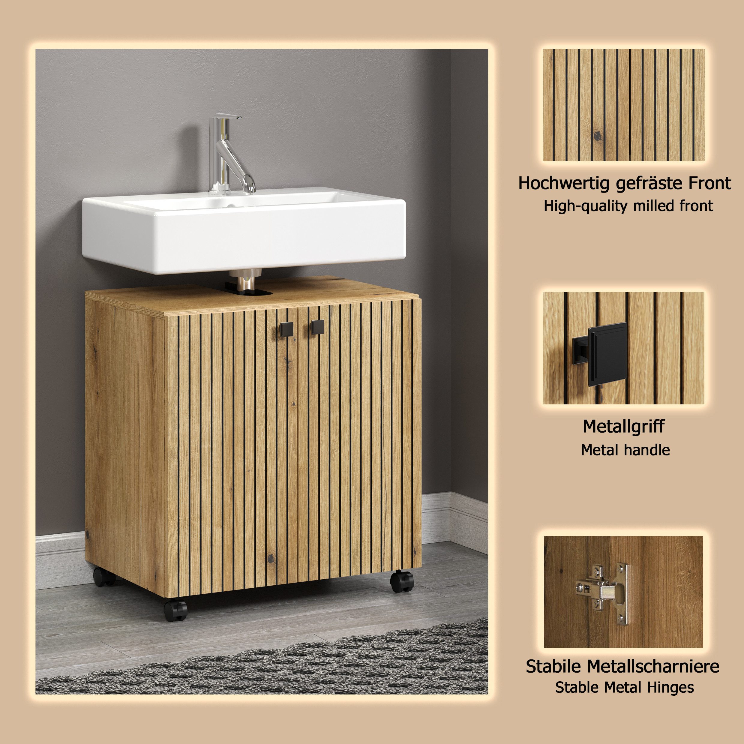 welltime Waschbeckenunterschrank Amrum Waschtisch auf Rollen - (B/T/H) wahlweise 60-80/42/64 cm