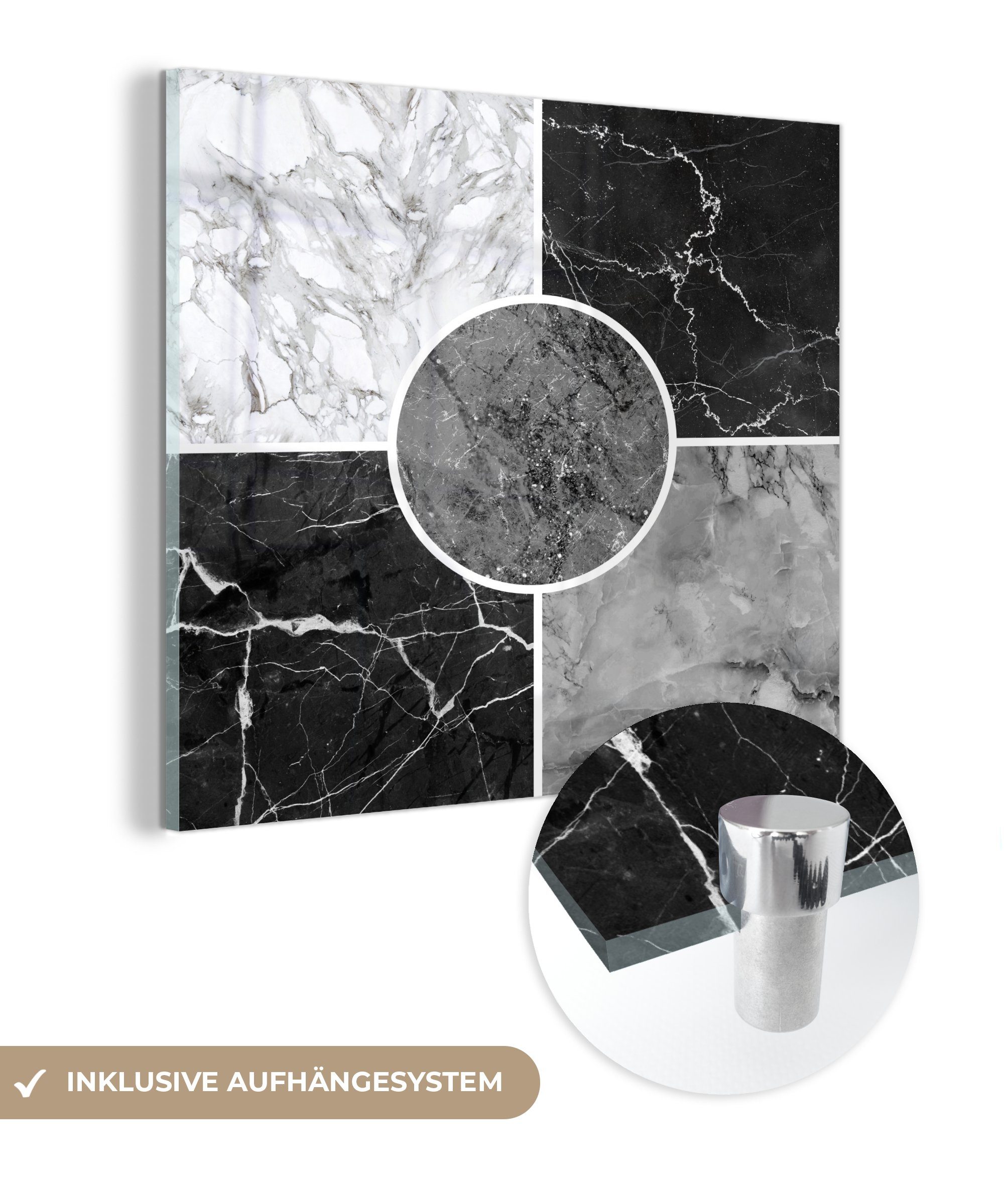 MuchoWow Acrylglasbild Marmor - Schwarz - Weiß - Luxus, (1 St), Glasbilder - Bilder auf Glas Wandbild - Foto auf Glas - Wanddekoration
