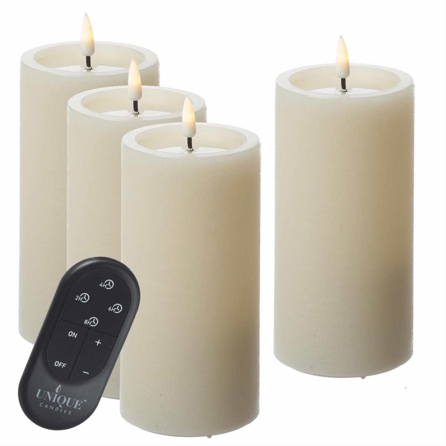UNIQUE candles LED-Kerze LED Kerzenset UNIQUE Rustik-Optik H: 15cm mit Batterien Fernb. 4er Set, LED Classic, warmweiß (2100K bis 3000K)