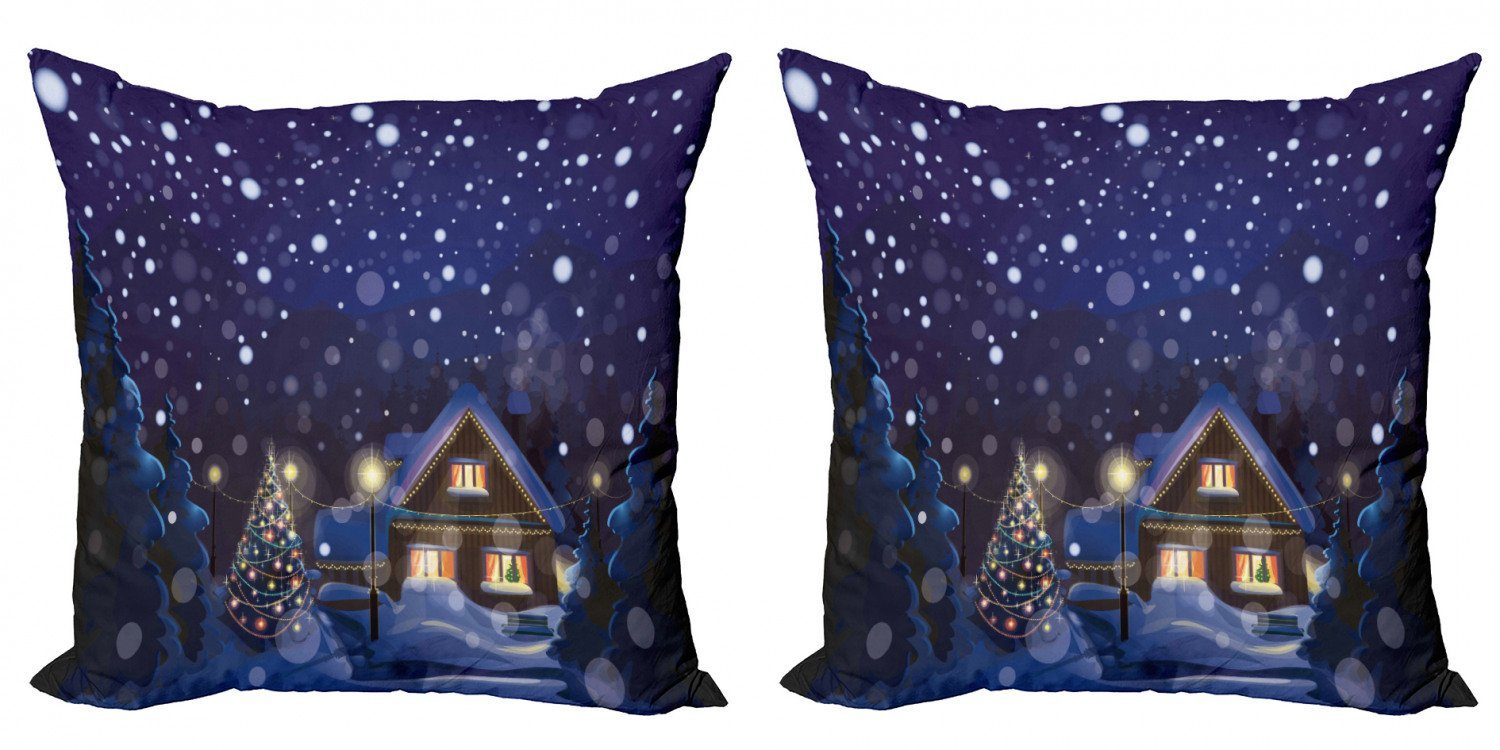 Stück), Accent Weihnachten (2 Abakuhaus Modern Doppelseitiger Haus Winter-Nacht Digitaldruck, Kissenbezüge