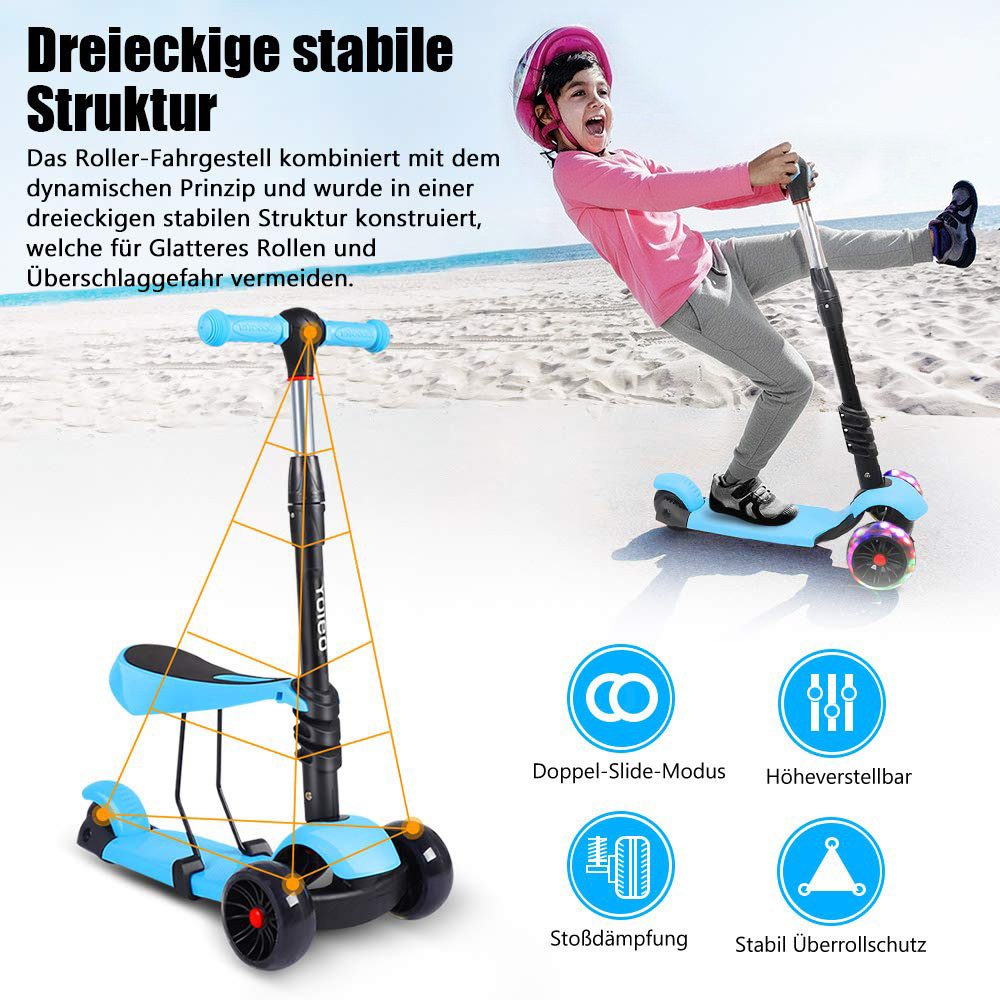 BremToy Scooter 3 in 1 Kinder Roller Scooter mit Sitz LED Räder ab 2 Jahre