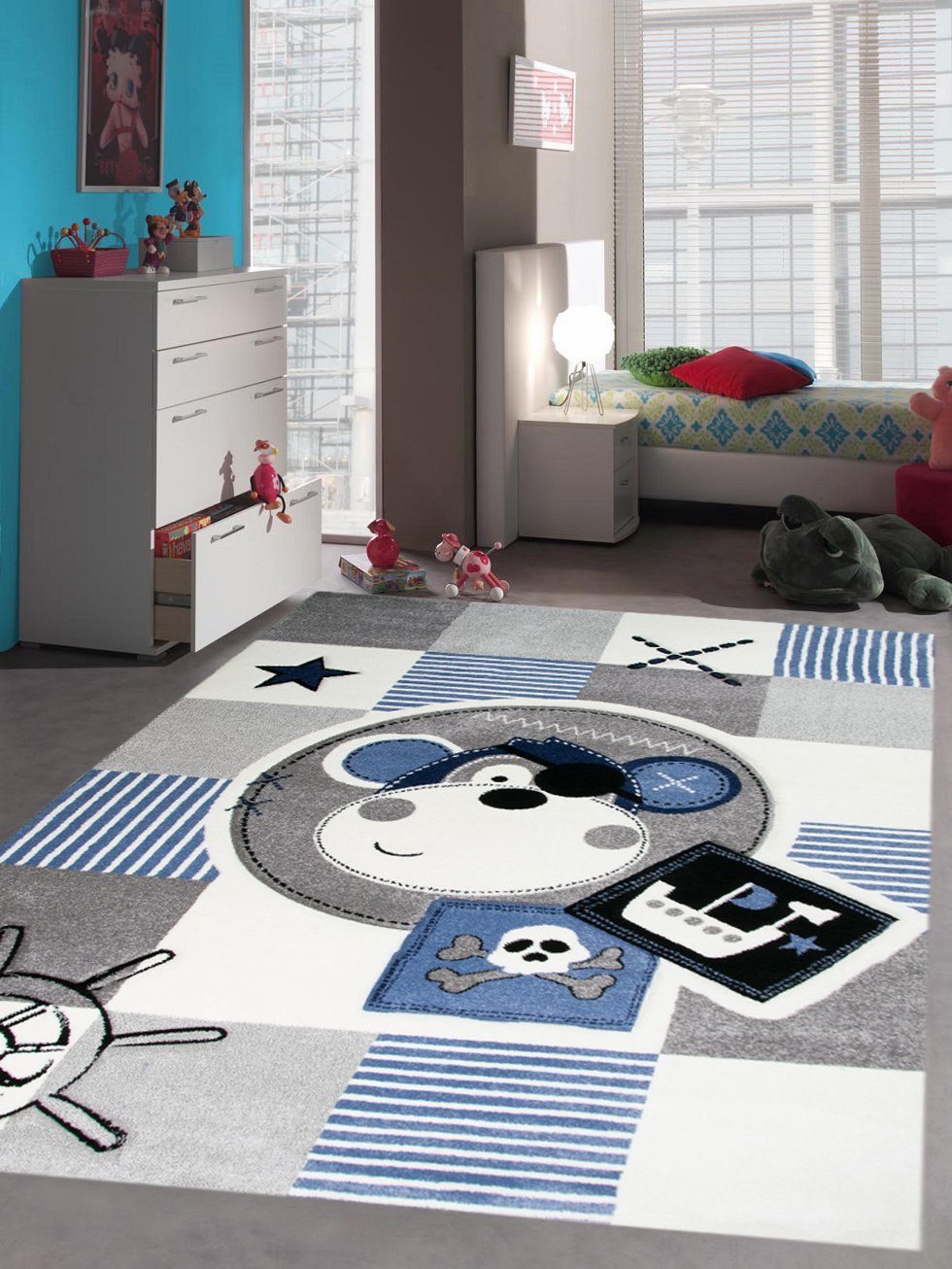 Kinderteppich Kinderteppich Spielteppich Teppich Kinderzimmer Babyteppich Pirat Affe in Blau, Teppich-Traum, rechteckig, Höhe: 13 mm