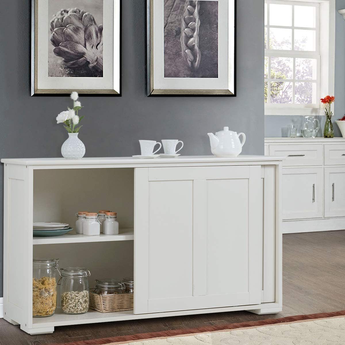 COSTWAY Sideboard, mit höhenverstellbarer Ablage,mit Glas Schiebetüren günstig online kaufen