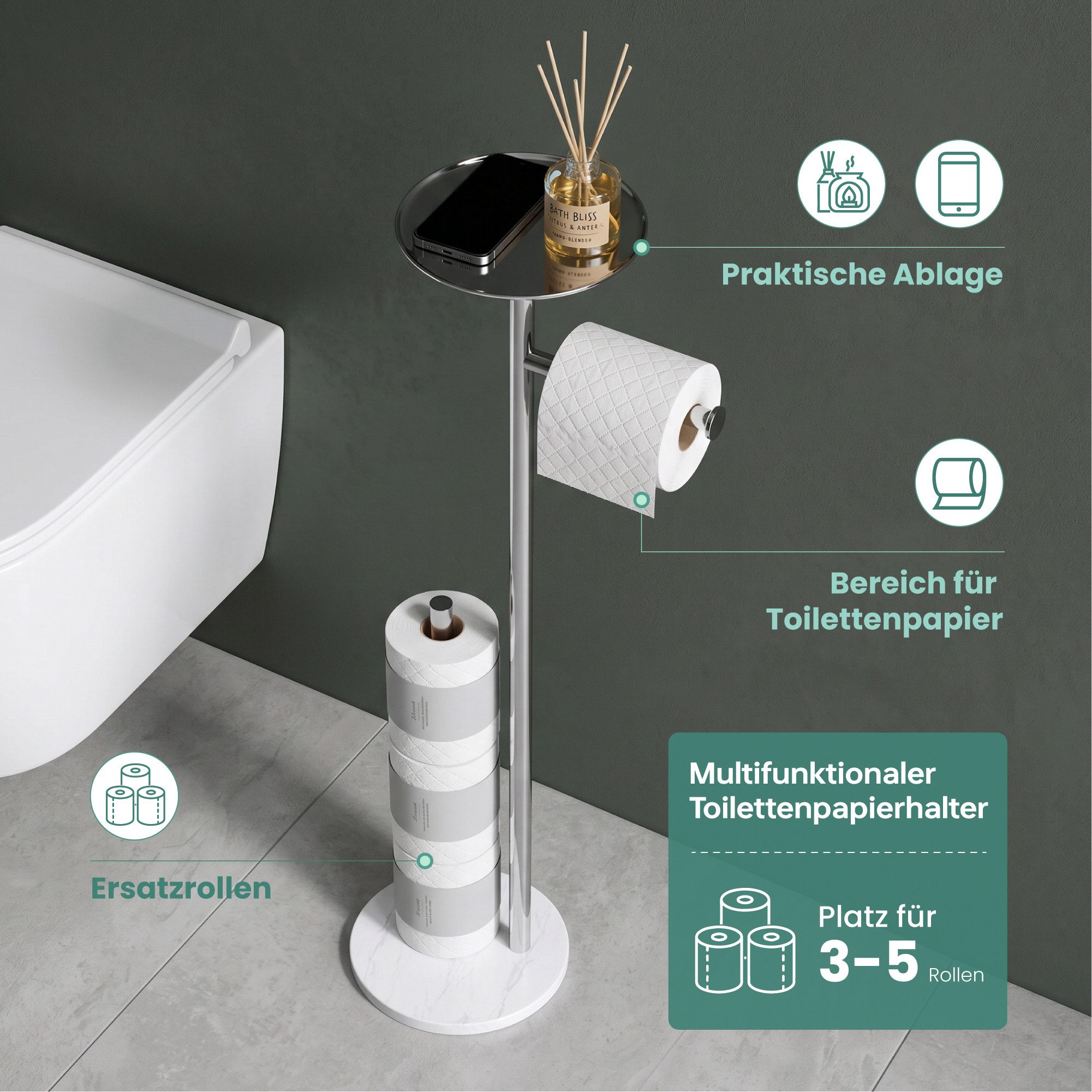 Mai & Mai Toilettenpapierhalter Klopapierhalter stehend mit Ablage aus Edelstahl ohne Bohren Lino-06, Toilettenpapier Aufbewahrung für 4 Rolle,Klorollenhalter f – Bild 2 von 5