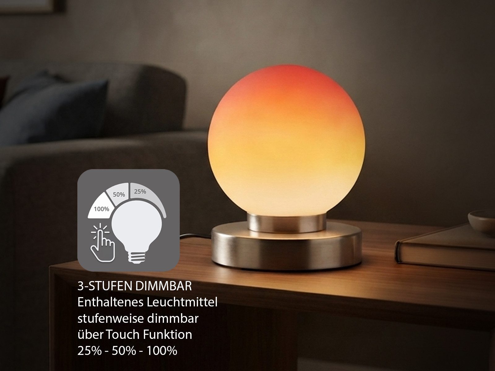 Reality Leuchten LED Nachttischlampe touch Kugel-Lampe, Höhe 15cm, dimmbar, LED wechselbar, Warmweiß, kleine Tischlampe mit Glas-Kugel, Tischleuchte inkl. E14 L – Bild 3 von 5
