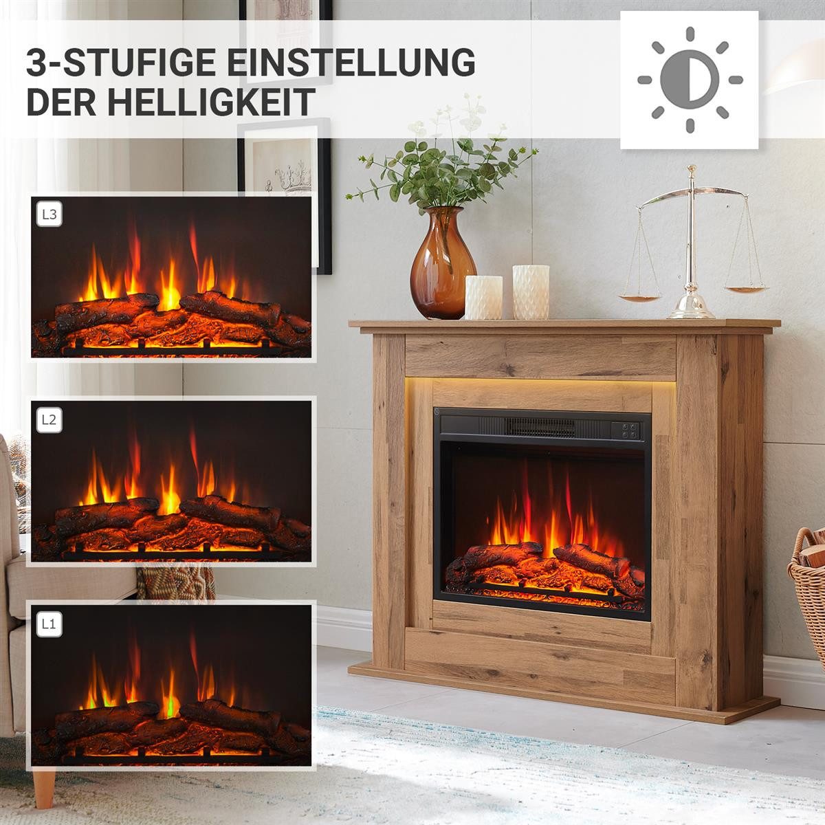 Balderia Elektrokamin Finn, Standkamin, 3D-Flammeneffekt, LED-Beleuchtung, Heizung