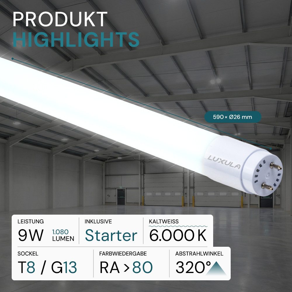 LUXULA LED-Leuchtmittel LUXULA LED-Röhre T8 9 W 6000 K Kaltweiß, G13, Kaltweiß