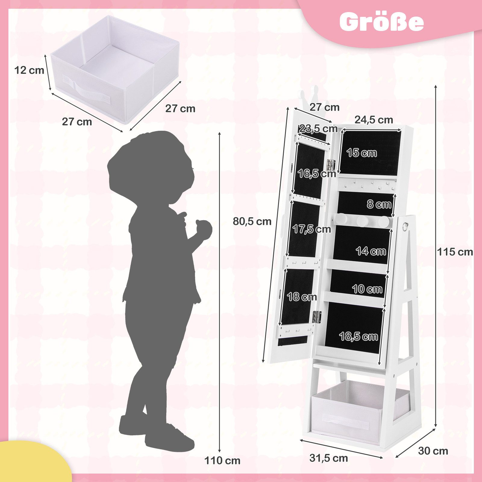 COSTWAY Schmuckschrank Kinder Spiegelschrank mit Haken, günstig online kaufen