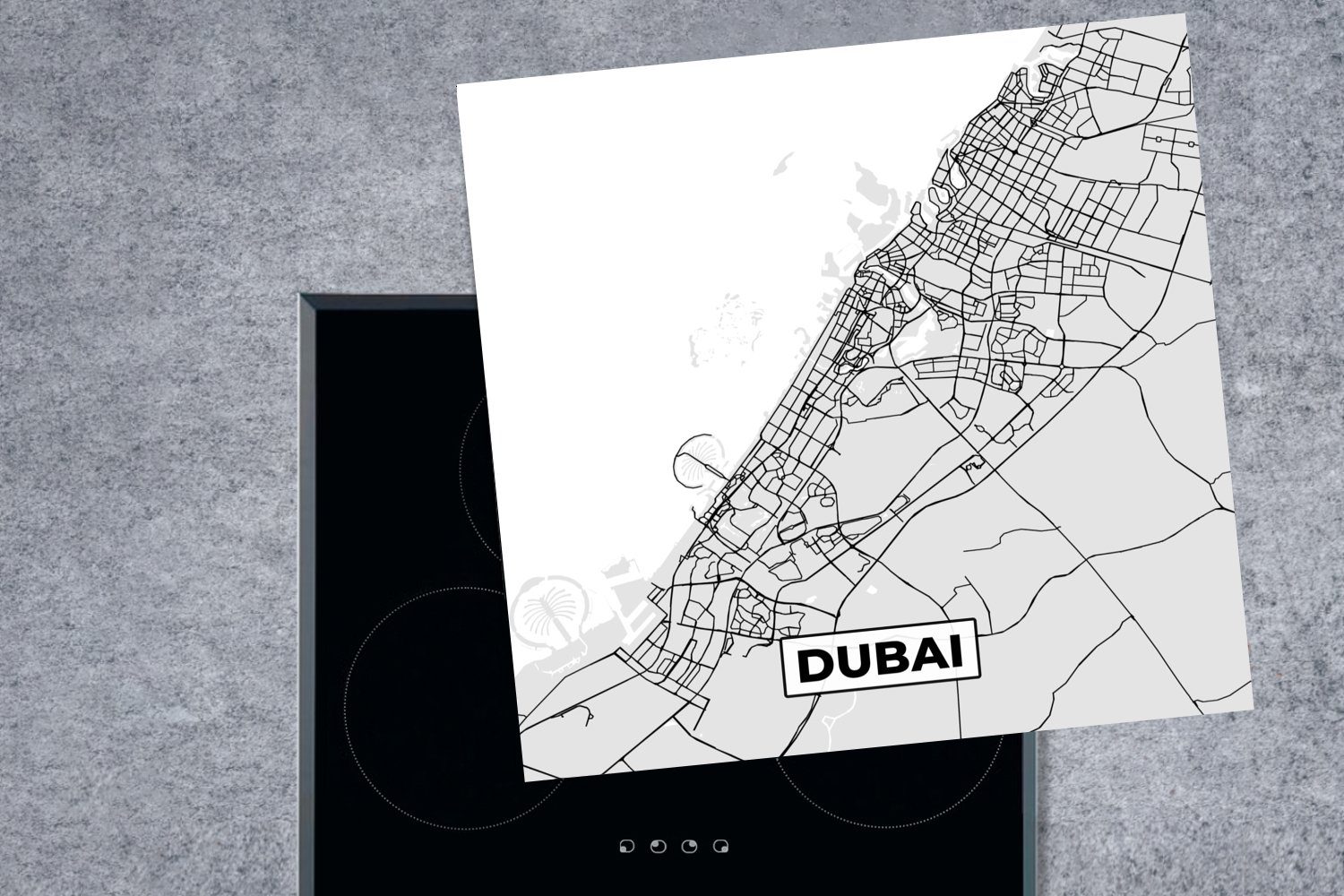 Karte, tlg), - (1 für MuchoWow Schwarz Herdblende-/Abdeckplatte Arbeitsplatte und - Ceranfeldabdeckung, cm, Vinyl, 78x78 - Weiß Dubai Stadtplan küche