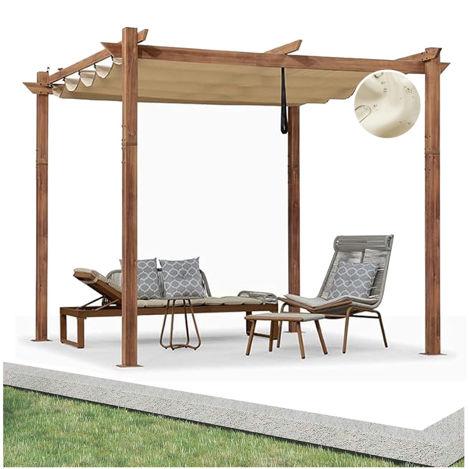 PURPLE LEAF Pergola Holzoptik Pavillon mit einziehbarem Dach, Alu Terrassenüberdachung, Gartenpavillon Stabil & Winterfest, Terrasse, Balkon