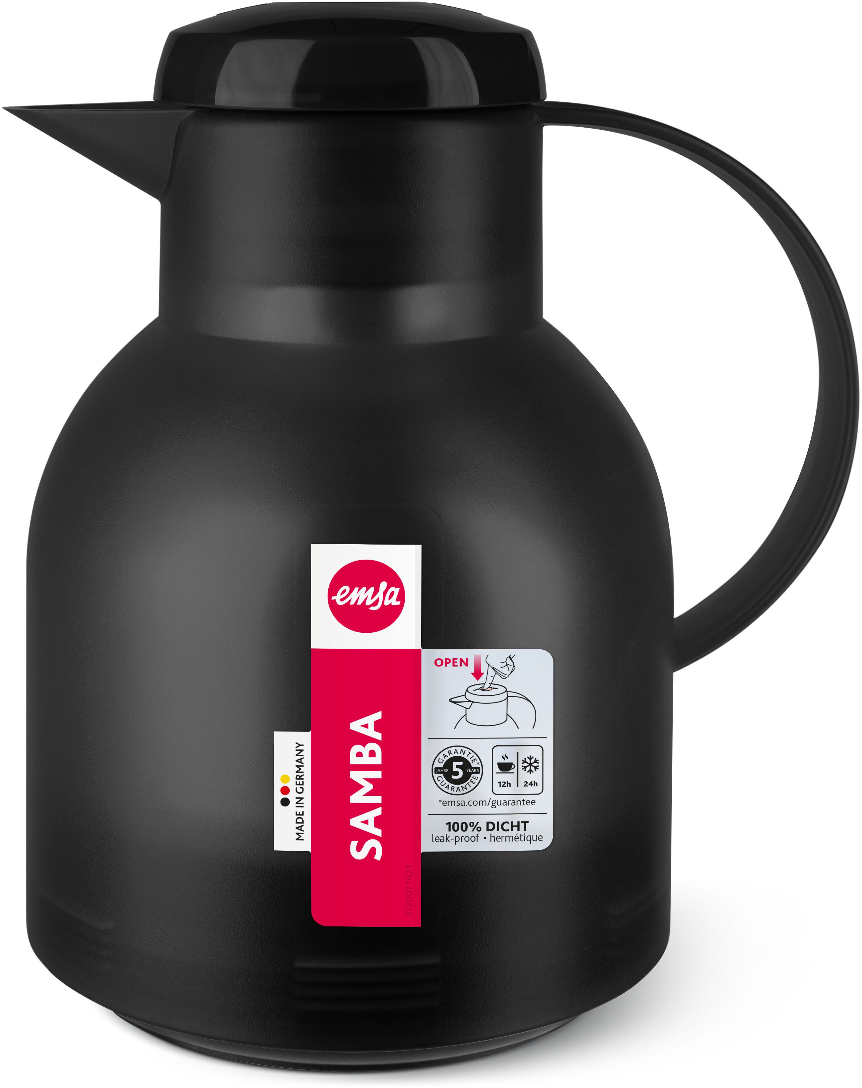 Emsa Isolierkanne Samba, 1 l, zeitloses Design, einfacher Knopfdruck, 24h kalt, 12h warm