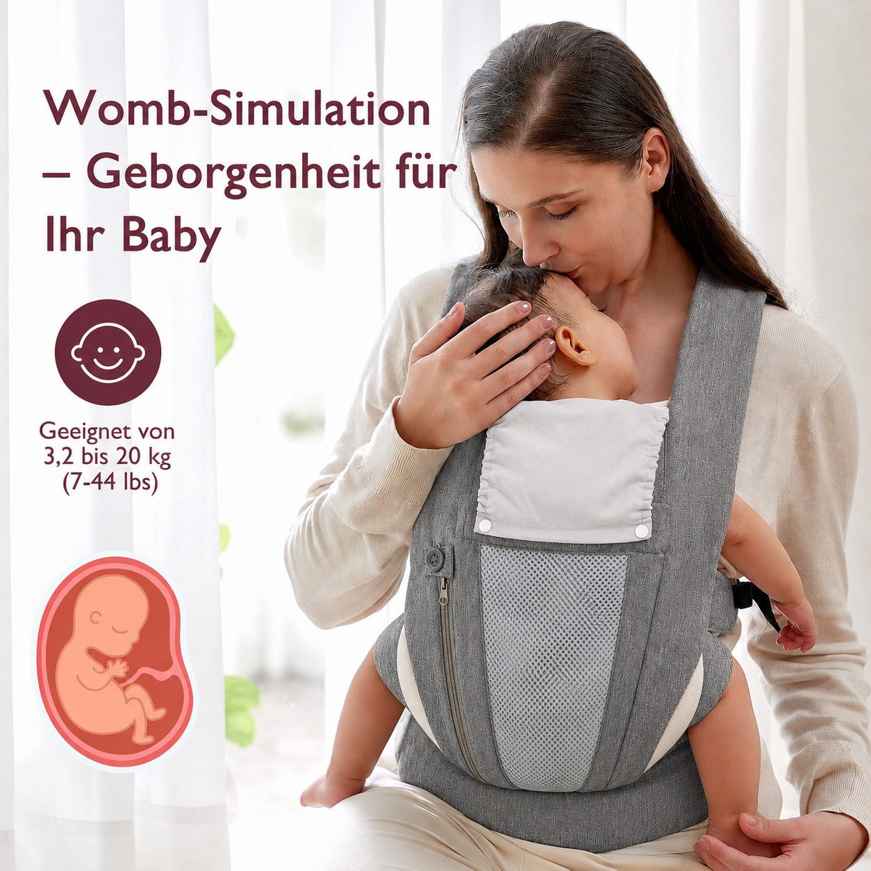 ibettertec Babytrage Neugeborene ab Geburt, Kleinkindtrage aus 100% Baumwolle (Ergobaby Babytrage mit Ein-Klick-Schnalle, ergonomische M-Position, X-Rücken, für 3,2–20 kg), tragetuch baby neugeboren, babytrage neugeborene ab geburt