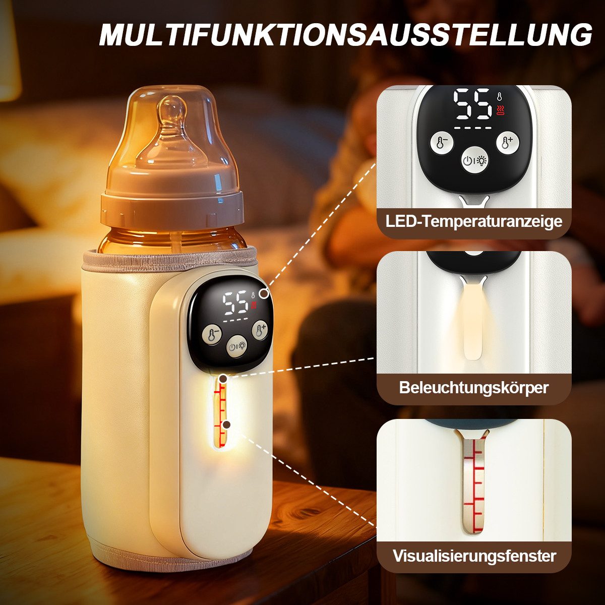 Novzep Babyflaschenwärmer Tragbarer Flaschenwärmer Akku 10400mAh mit Nachtlicht, 30W Adapter, Babyfläschchenwärmer für PKW,Sichtfenster