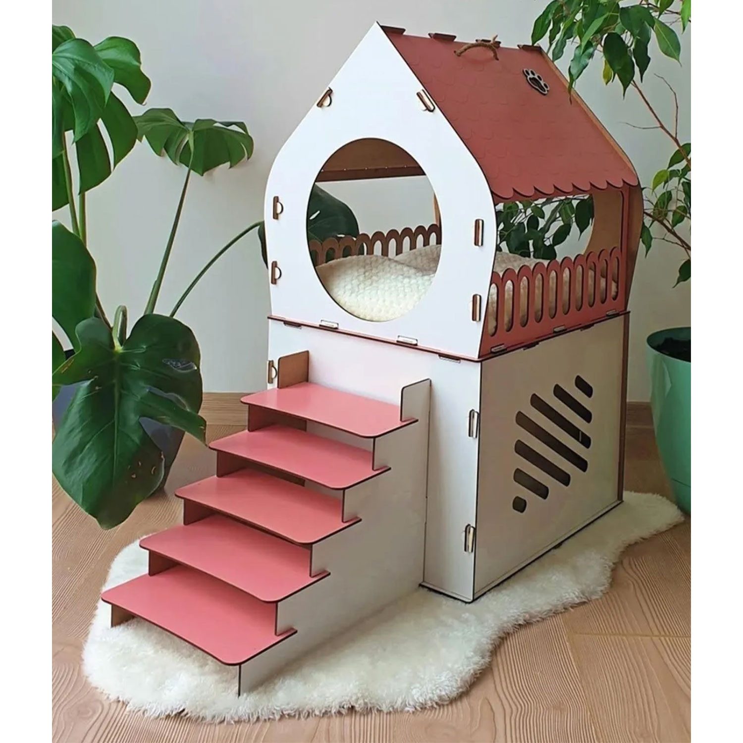 Jungengel Tierhaus XL Katzenhütte Katzenhaus Rosa Pink Holz Katzenhöhle Katzenbett, XL 65×70×30 cm, Einfache Montage mit Anleitung, Robust & Hingucker!