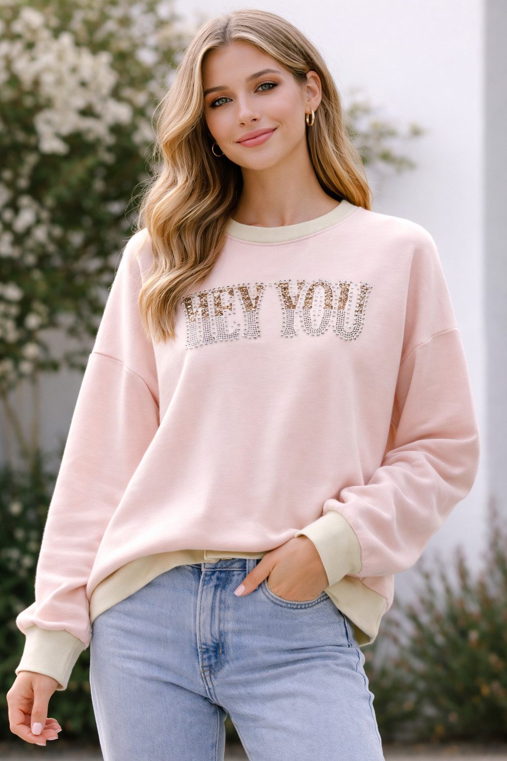 Sonderpostendiscount Rundhalspullover Damenpullover Modell Hey You ONE SIZE (S-L)