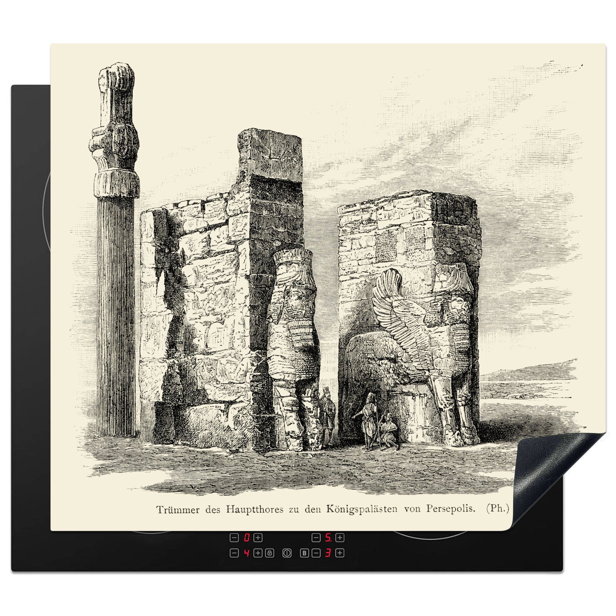 MuchoWow Herdblende-/Abdeckplatte Eine Illustration des Tores der Nationen in Persepolis, Vinyl, (1 tlg), 60x52 cm, Mobile Arbeitsfläche nutzbar, Ceranfeldabdeckung