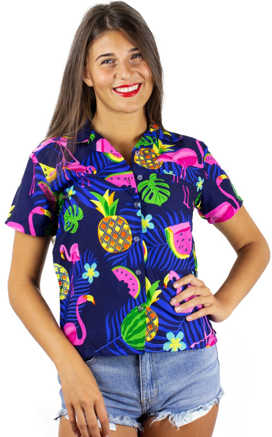 King Kameha Hawaiihemd Flamingo Melone Funky Hawaiibluse Damen Kurzarm Front-Tasche Stylish