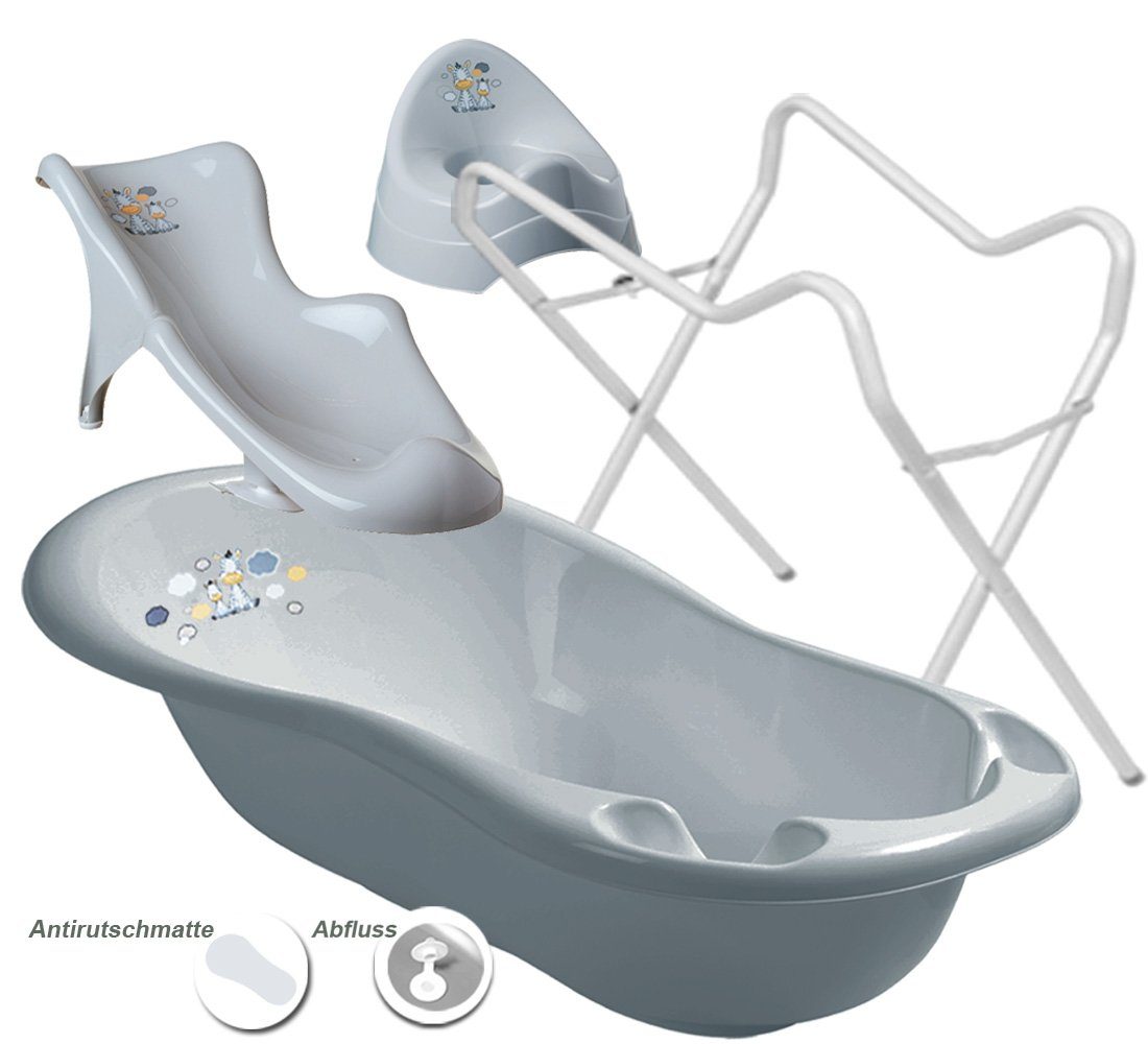 Maltex Babybadewanne 3 Teile SET - ZEBRA Grau + Ständer Weiss - Badeset Baby Wanne 84 cm, (Made in Europa Premium.set 3 Tlg +Ständer), ** Wanne + Sitz + Töpfchen + Ständer **