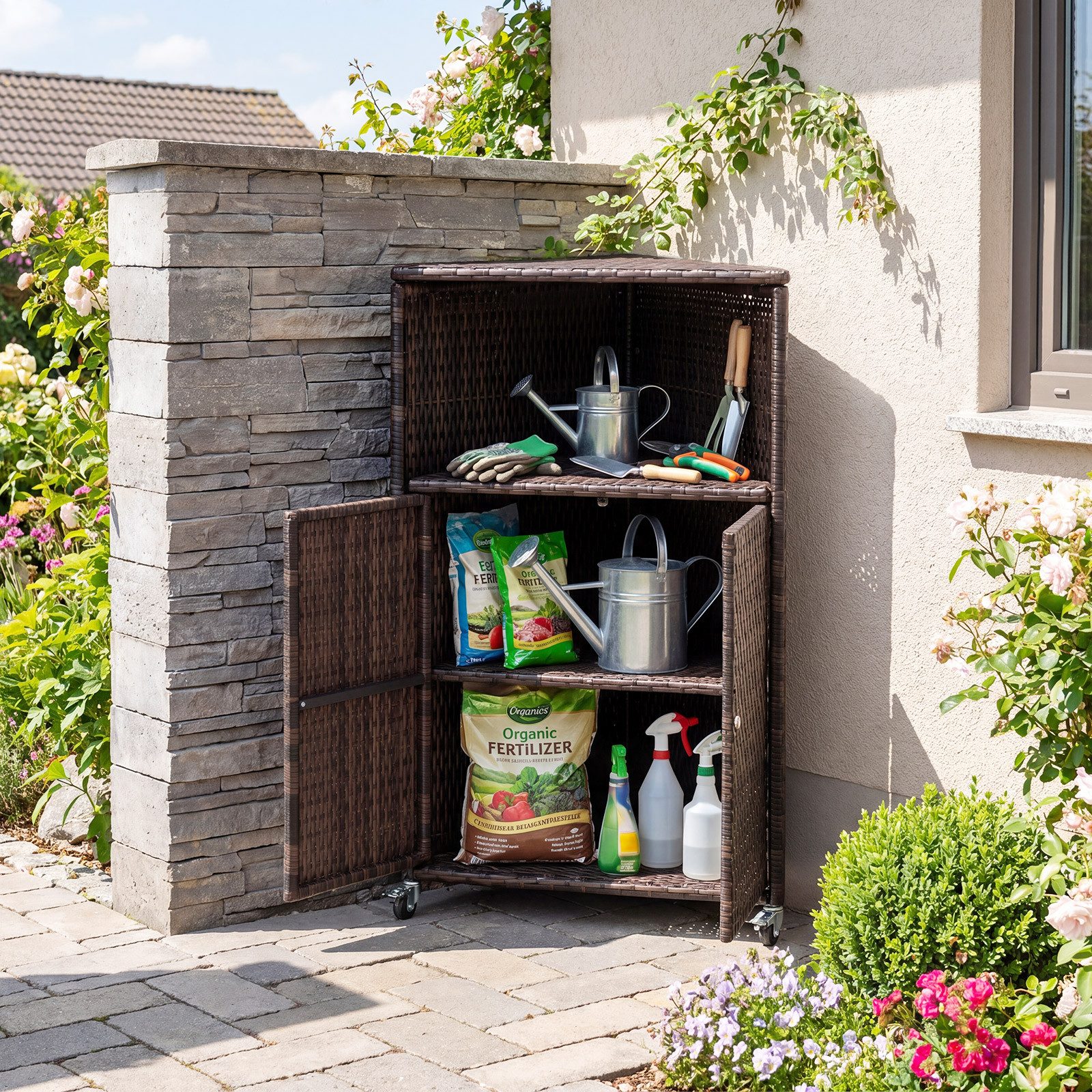 COSTWAY Garten-Geräteschrank, BxT: 47x66 cm, Terrassenschrank Rattan Ecke