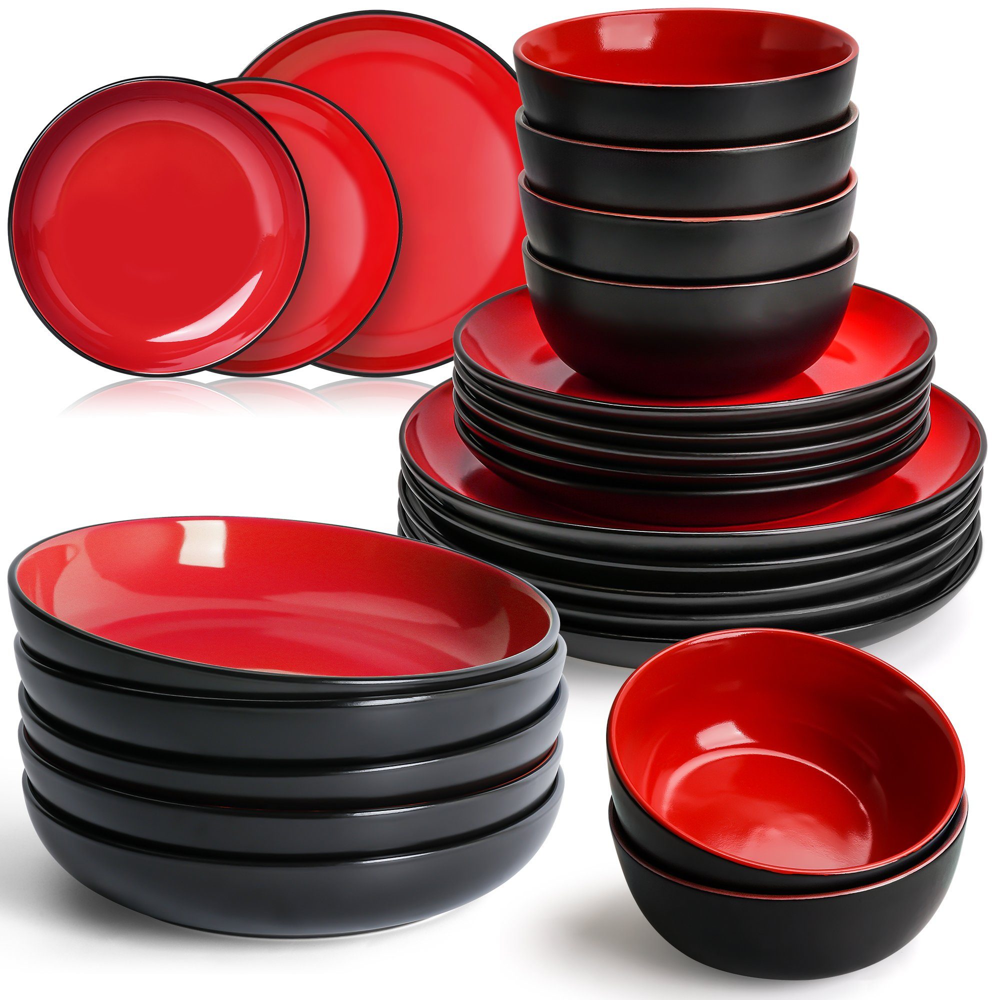 MiaMio Tafelservice Tafelservice 24tlg Geschirrset 6 Personen Kombiservice Keramik - Rot (24-tlg), 6 Personen, Keramik