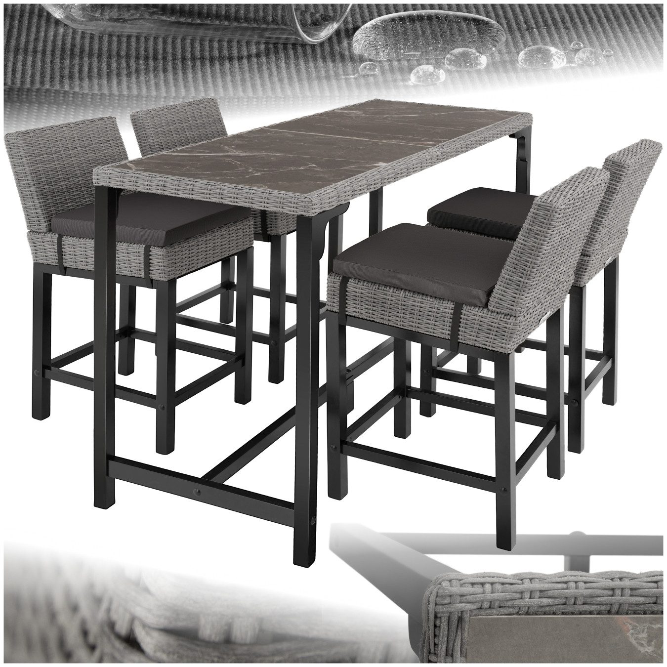 tectake Sitzgruppe Rattan Tisch Lovas mit 4 Stühlen Latina, (Set., 5-tlg), Hochwertiges Geflecht aus UV-beständigem Polyrattan