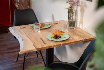 Junado® Bistrotisch, massives Akazienholz, echte Baumkante, schwarzer Säulenfuß