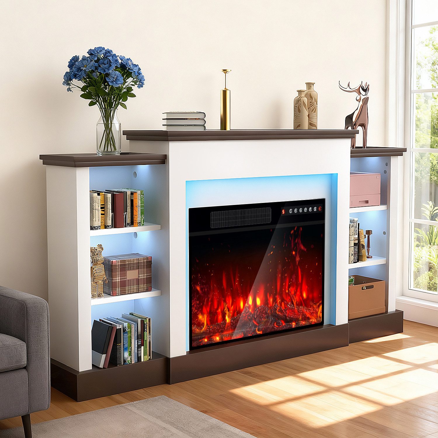 LETGOSPT Elektrokamin Elektrischer Standkamin mit Ablagefach, 3D-Flammeneffekt, LED-Ambientebeleuchtung, Heizung 2000W,Timer, Thermostat,Fernbedienung