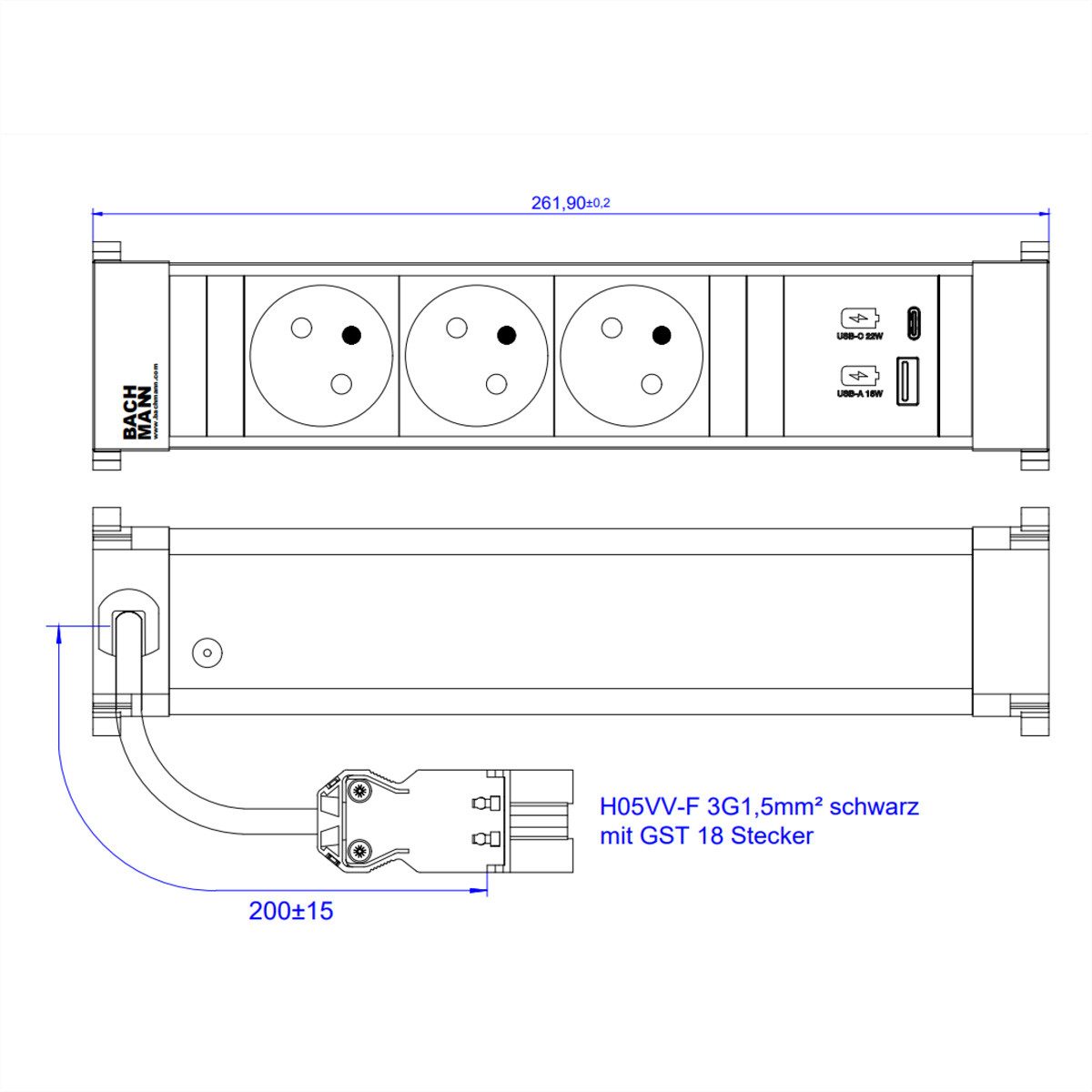 Thumbnail - Bachmann POWER FRAME M 3xUTE 1xUSB A&C 22W 0,2m GST18 Einbau-Tischsteckdosenleiste (Kabellänge 0.2 m)