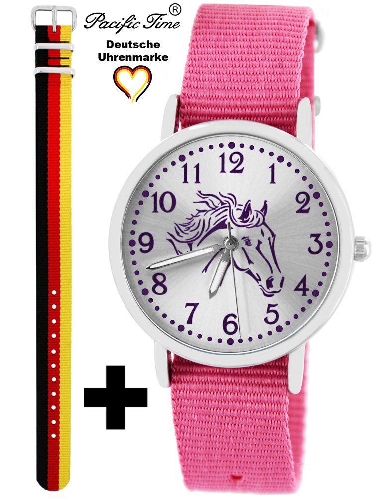 Pacific Time Quarzuhr Set Kinder Armbanduhr Pferd violett Wechselarmband, Mix und Match Design - Gratis Versand Deutschland und rosa