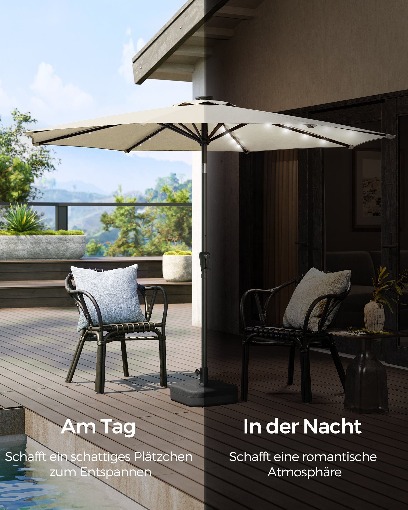 SONGMICS Sonnenschirm, ∅300cm,mit LED-Solar-Beleuchtung,UPF50+,ohne Ständer