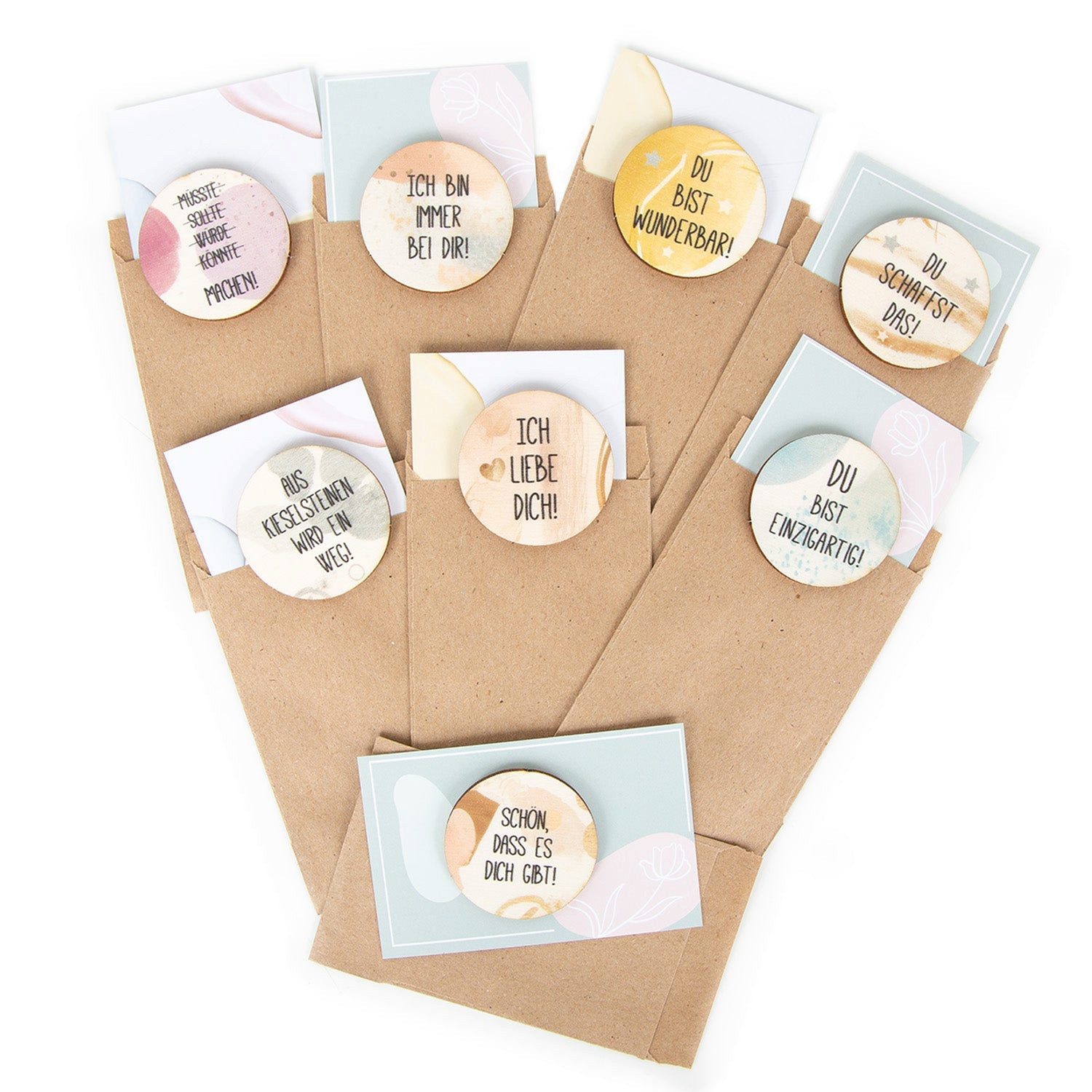 Logbuch-Verlag Klappkarte 8 Mini Karten 6,3 x 9,3 cm - Glücksmünzen aus Holz mit Sprüche