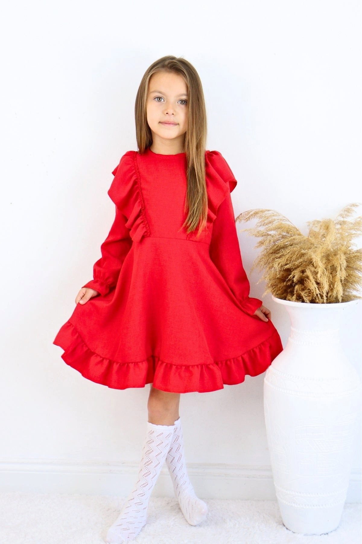 Parla Kids Sommerkleid Rotes Mädchen Leinenkleid – Langarm mit Rüschen