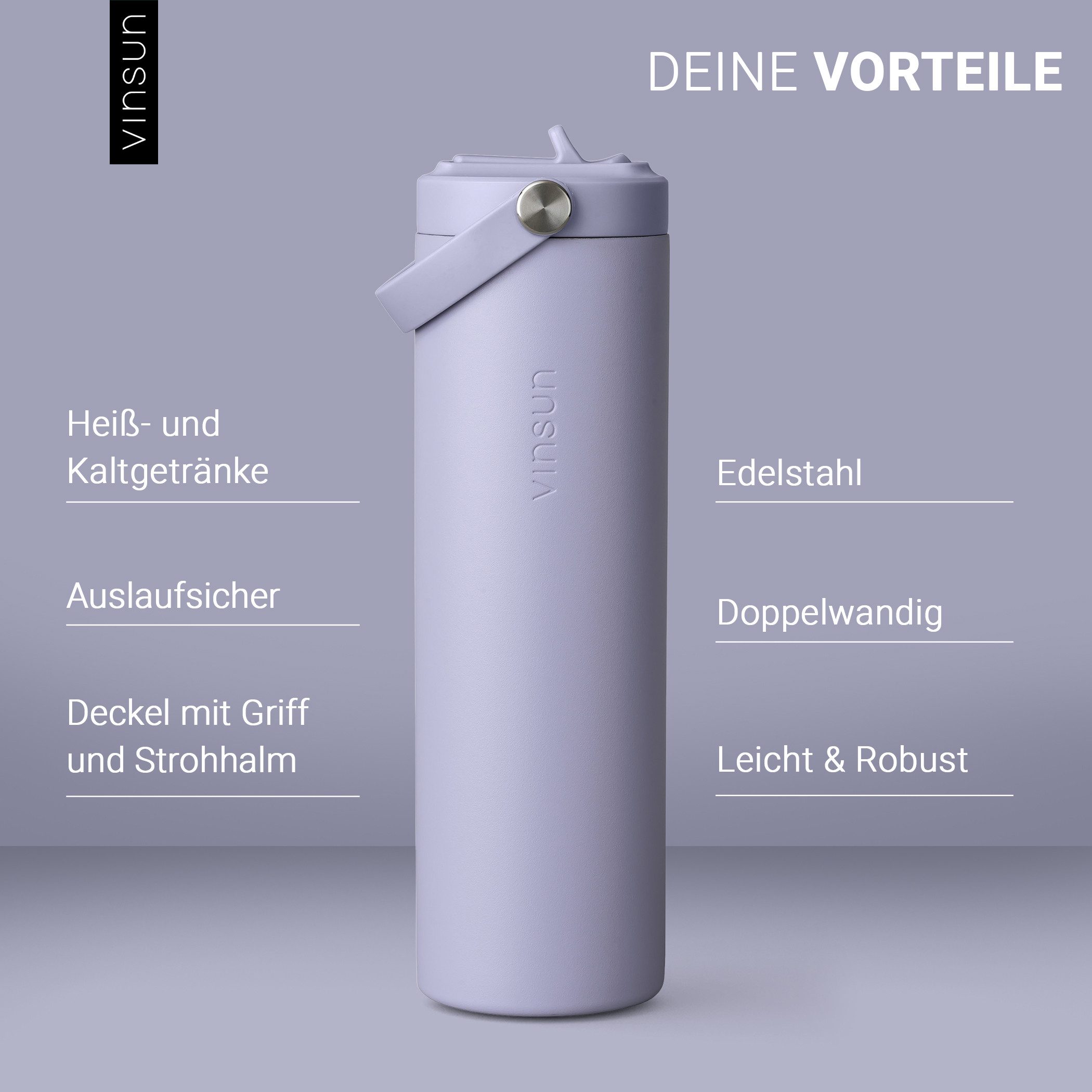 Vinsun Isolierflasche Thermoflasche 750ml mit Strohhalm - Sport Trinkflasche mit Tragegriff, Auslaufsicher, doppelwandig isoliert, geruchs- und geschmacksneutra – Bild 2 von 5