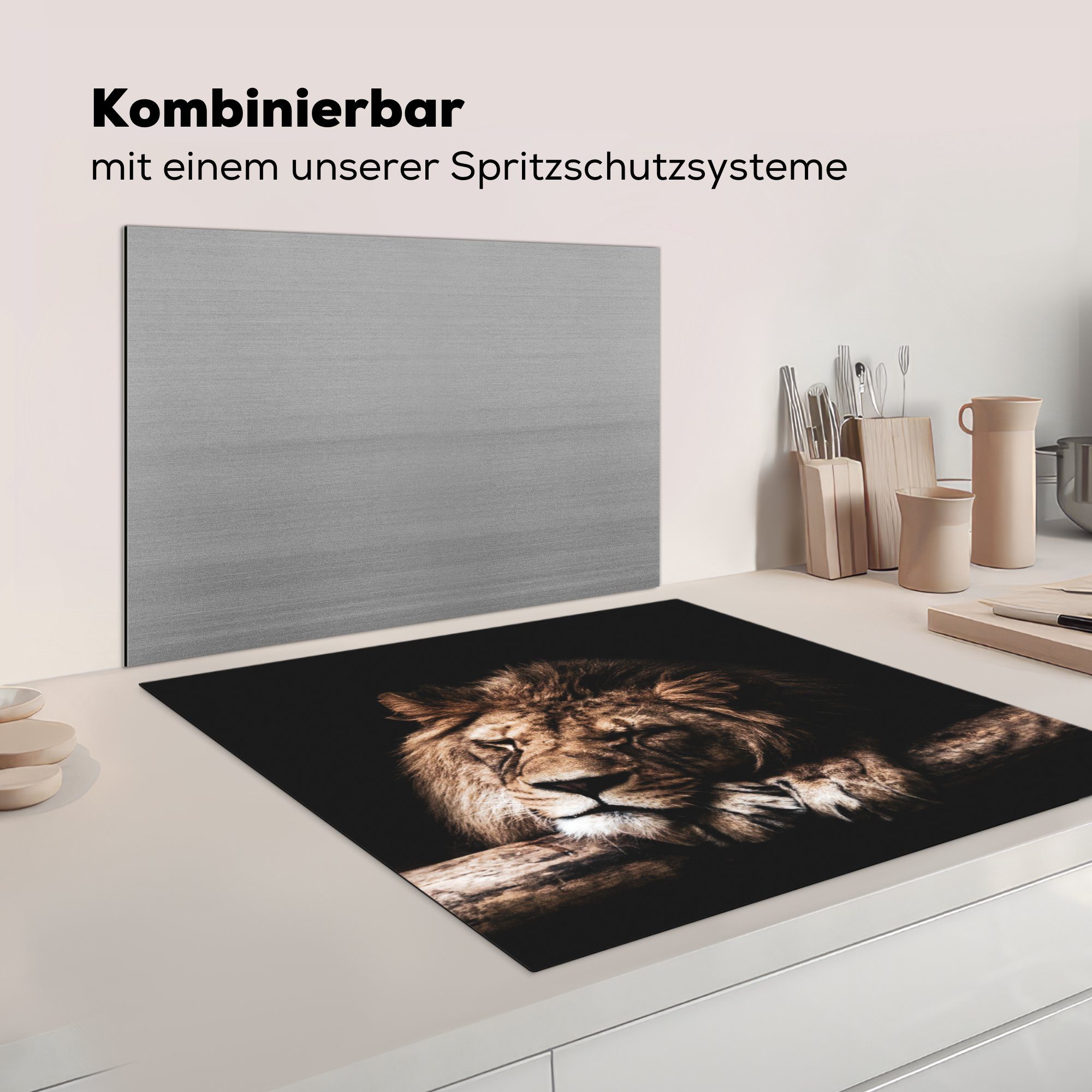 Schlaf, (1 Baum Vinyl, cm, MuchoWow 78x78 Löwe - Herdblende-/Abdeckplatte küche - Ceranfeldabdeckung, tlg), Arbeitsplatte für