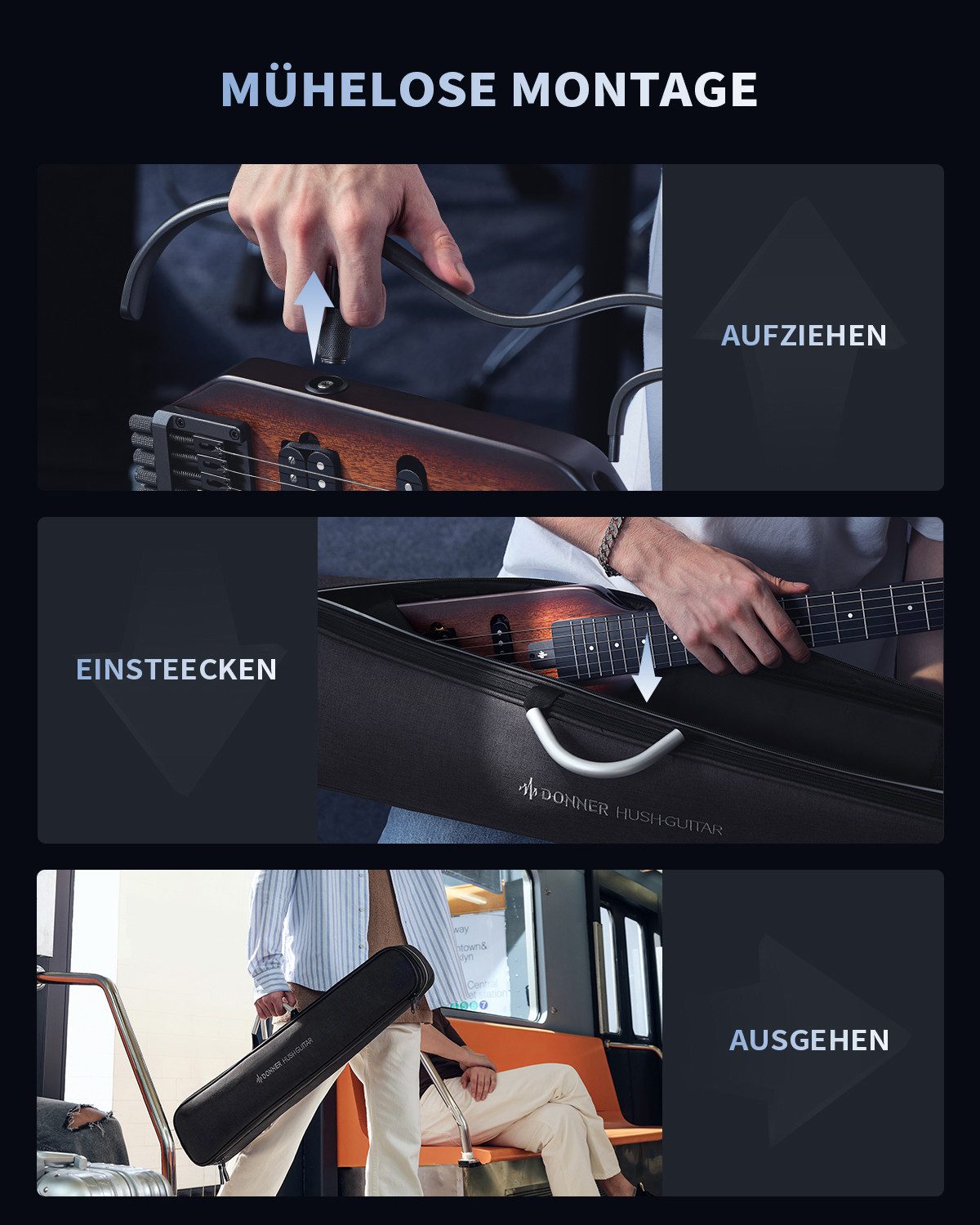 Donner Gitalele HUSH X E-Gitarre HS-Tonabnehmern, Massivkorpus, Gig-Bag & Kopfhörer, Matt Federleichte kopflose Gitarre, set, mit sämtlichem Zubehör, Ideal für Reisen und zum Üben