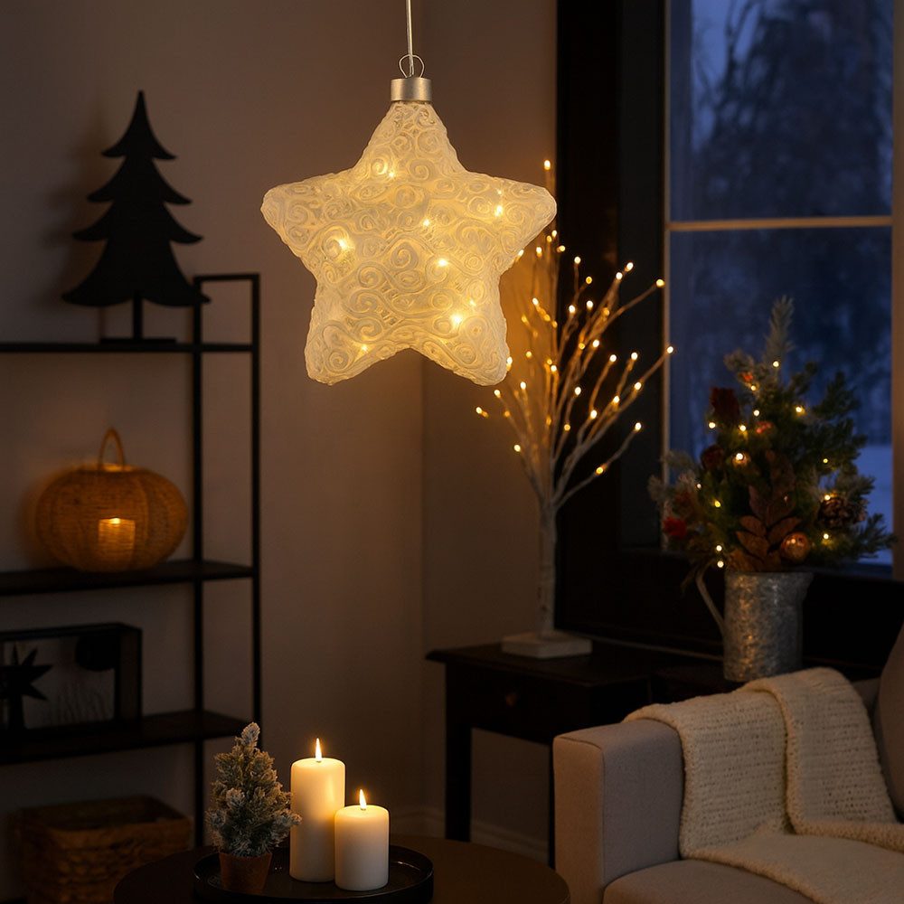 GLOBO LIGHTING LED Dekolicht, LED-Leuchtmittel fest verbaut, Hängelampe Stern Dekolampe Glas Weihnachtsdeko LED Baumschmuck 5er Set