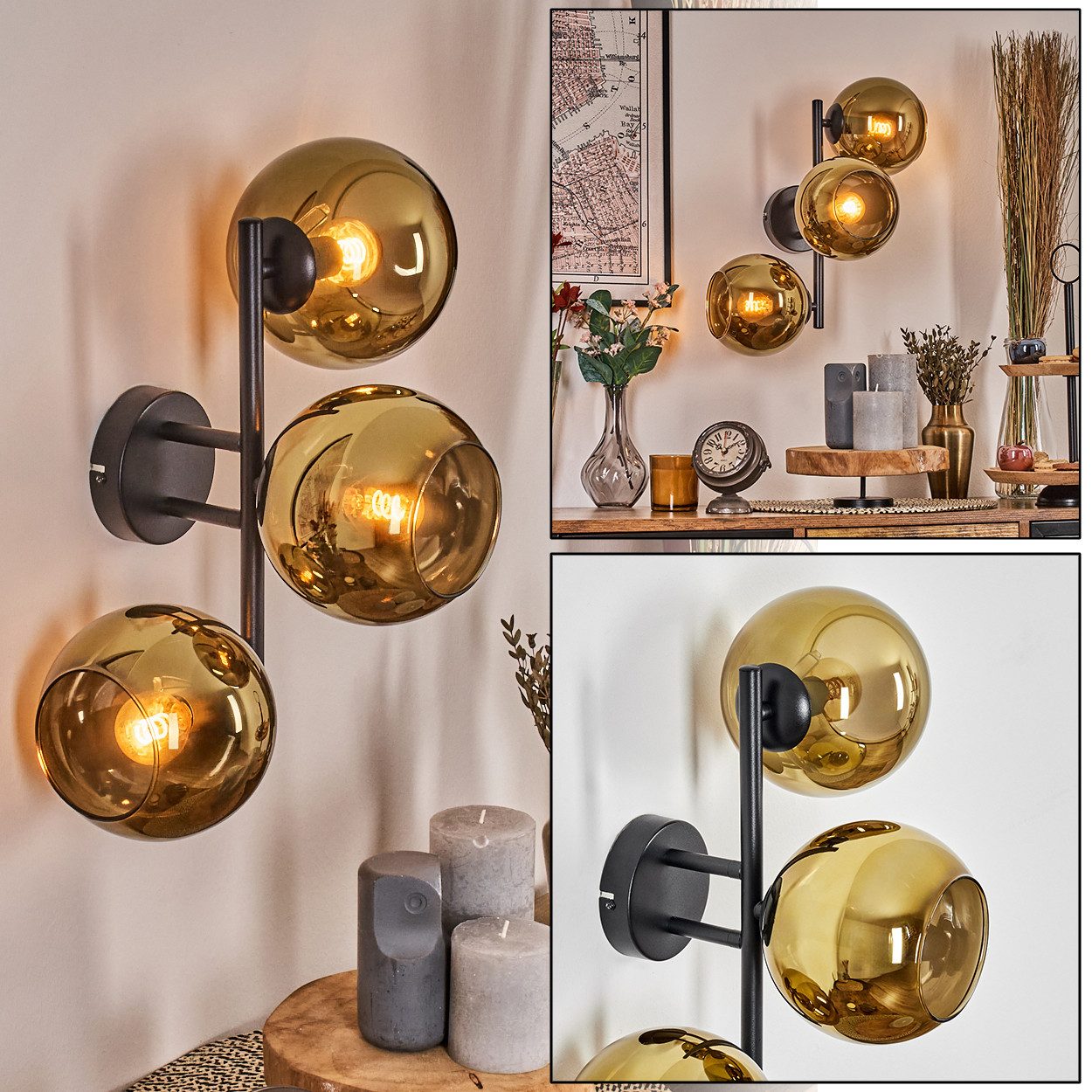 hofstein Wandleuchte Wandlampe aus Metall/Glas in Schwarz/Goldfarben, ohne Leuchtmittel, moderne Wandleuchte im Retro/Vintage-Design (Schirme 15 cm), E14