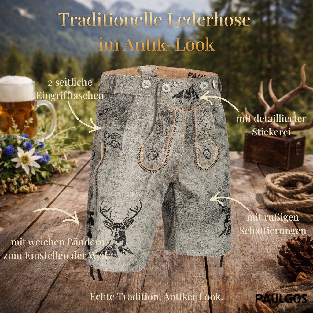 PAULGOS Trachtenhose Herren Lederhose Kurz mit Trägern 100% Echtleder - HK4 ANTIK