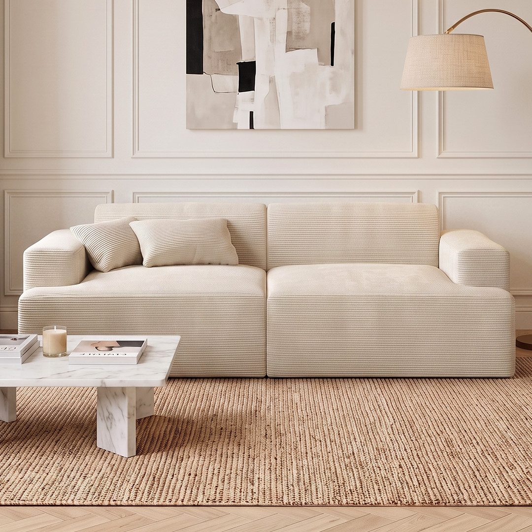 skølm Sofa Freki aus Cord, Vollschaumcouch mit Federkern und Vakuum-Kompression, Beige, Couch 2 Sitzer mit 2 Kissen, kein Aufbau erforderlich, 230 cm breit, gepolstert, vakuumiert