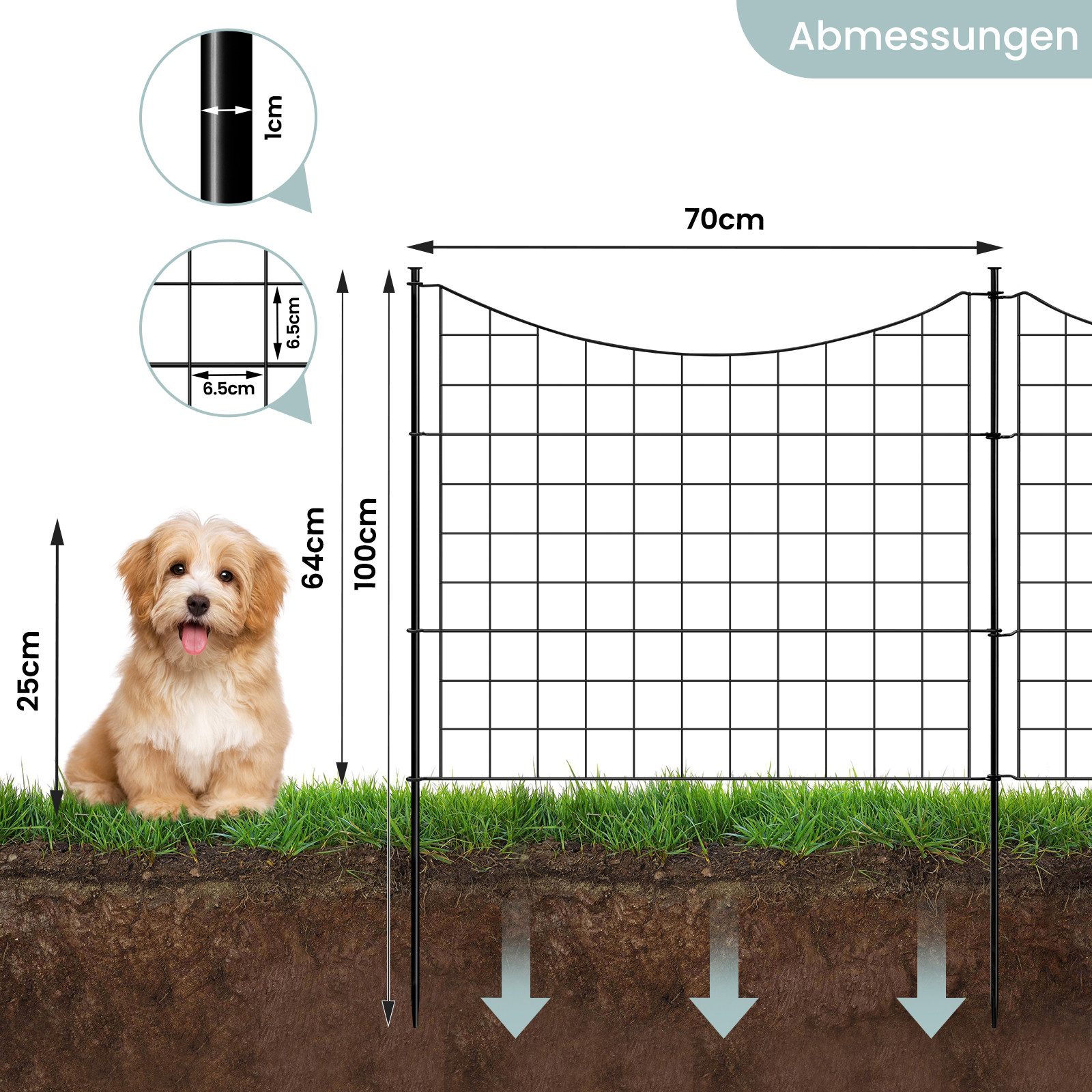 Woltu Teichzaun, (5-St), Gartenzaun Komplettset, Steckzaun Metall, Gitterzaun Schwarz