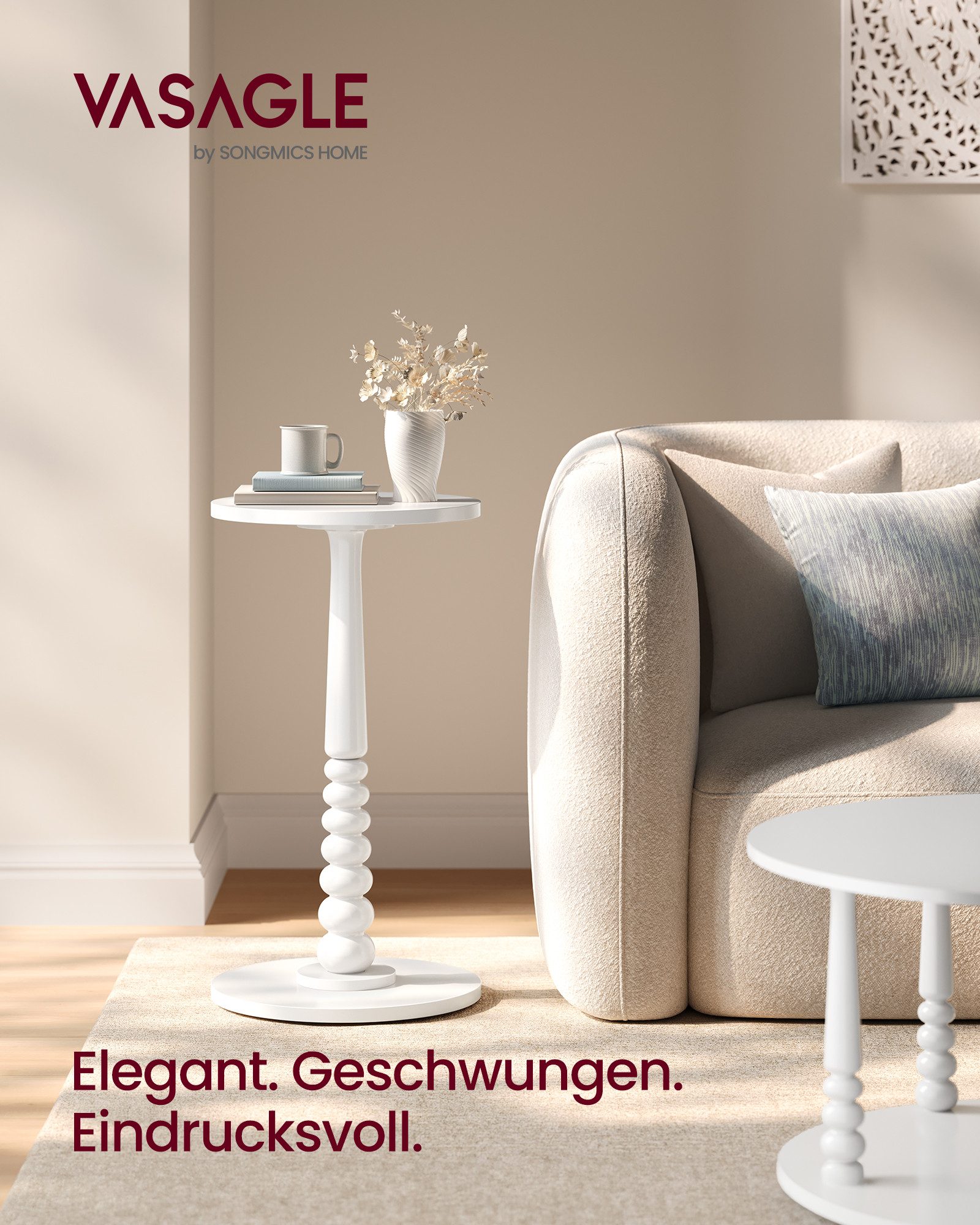 VASAGLE Beistelltisch rund, kleiner Sofatisch, Nachttisch, Bein aus Massivholz, Mid-Century-Modern-Stil, für Schlafzimmer