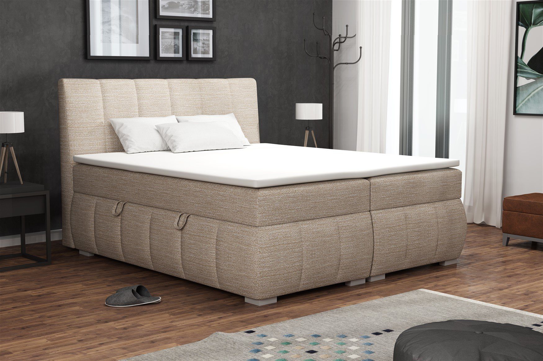 Boxbett Schlafzimmerbett VINCENZA in Stoff "Orinoco" Beige