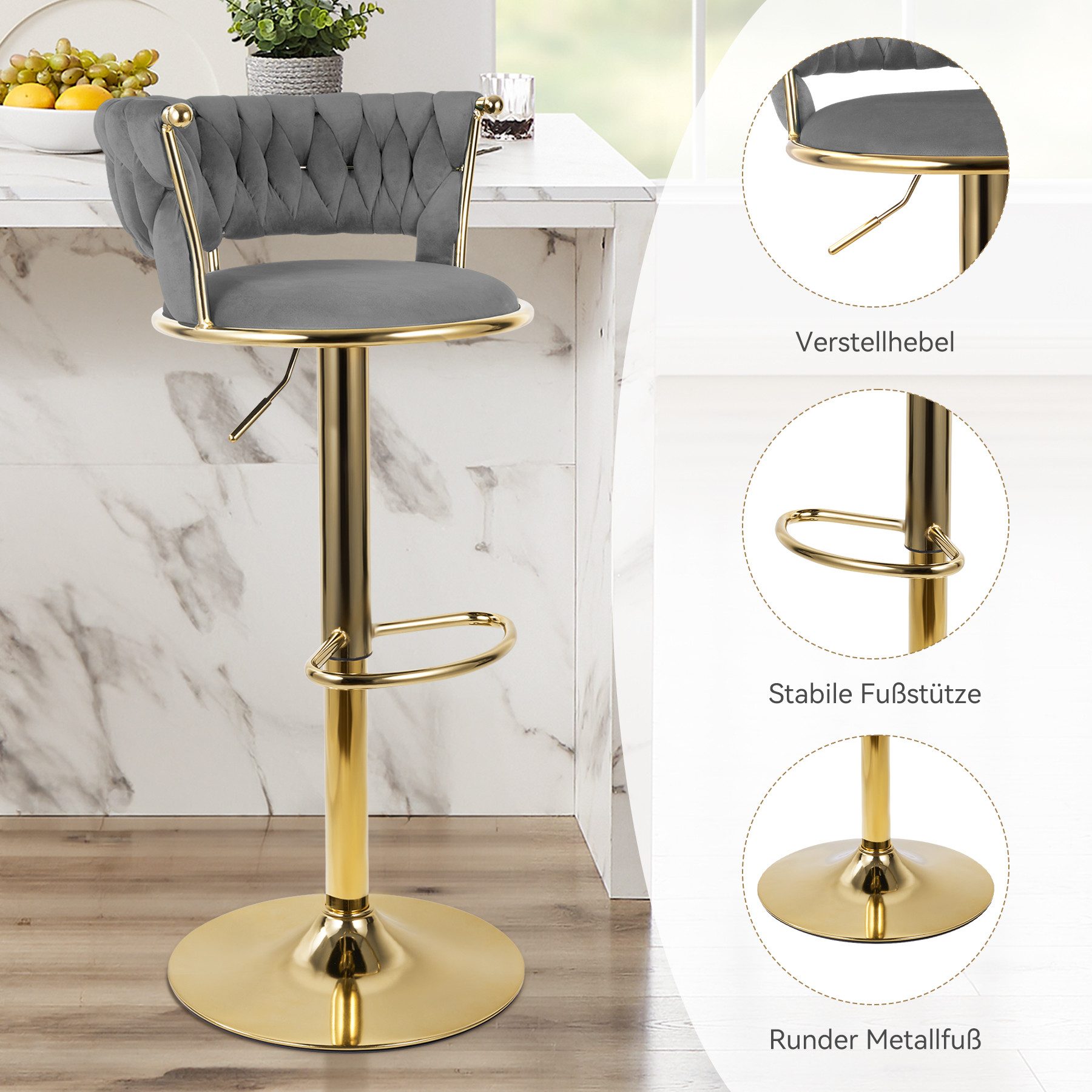 HawthyHome Barhocker Barstuhl mit Rückenlehne und Fußstütze höhenverstellbar drehbar (2 St), mit goldener Metallbasis, Dunkelgrau – Bild 4 von 5