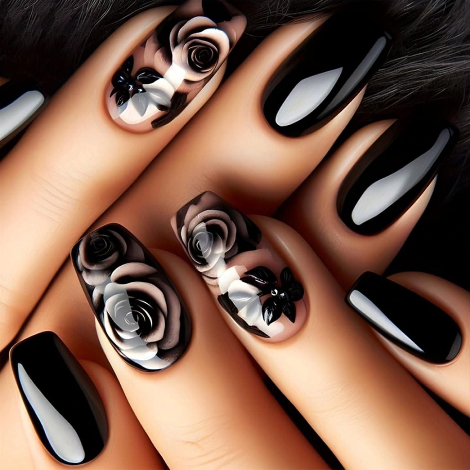 LuxusKollektion Kunstfingernägel Schwarze Rosen Press On Nägel Glänzend Mittlere Länge 24 Stück