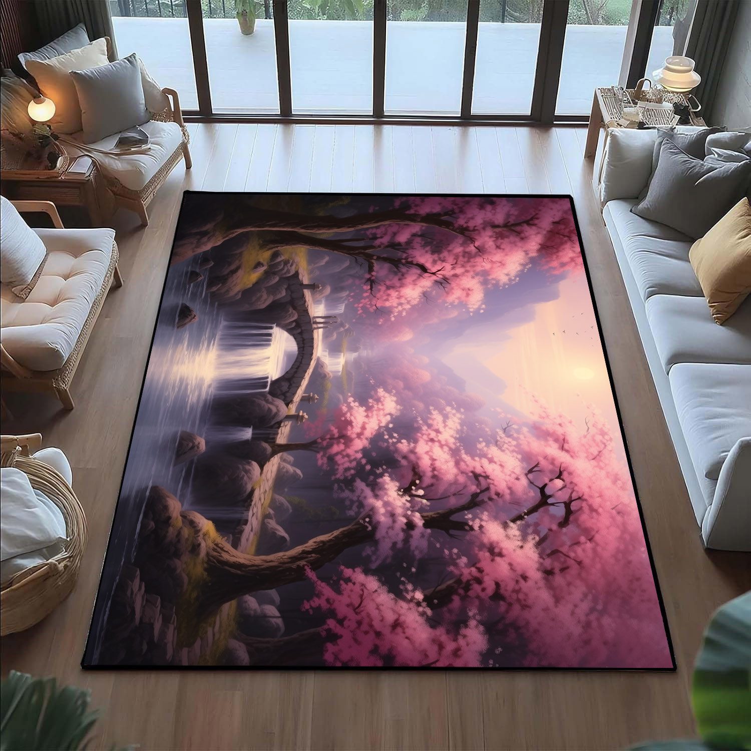 Jumpeak Teppich Japanische Kirschblüten Landschaft Teppich, teppich waschbar, Rechteckig, Höhe: 5 mm, länglicher teppich,Kunstkaschmir, teppich pflegeleicht, gr – Bild 5 von 5