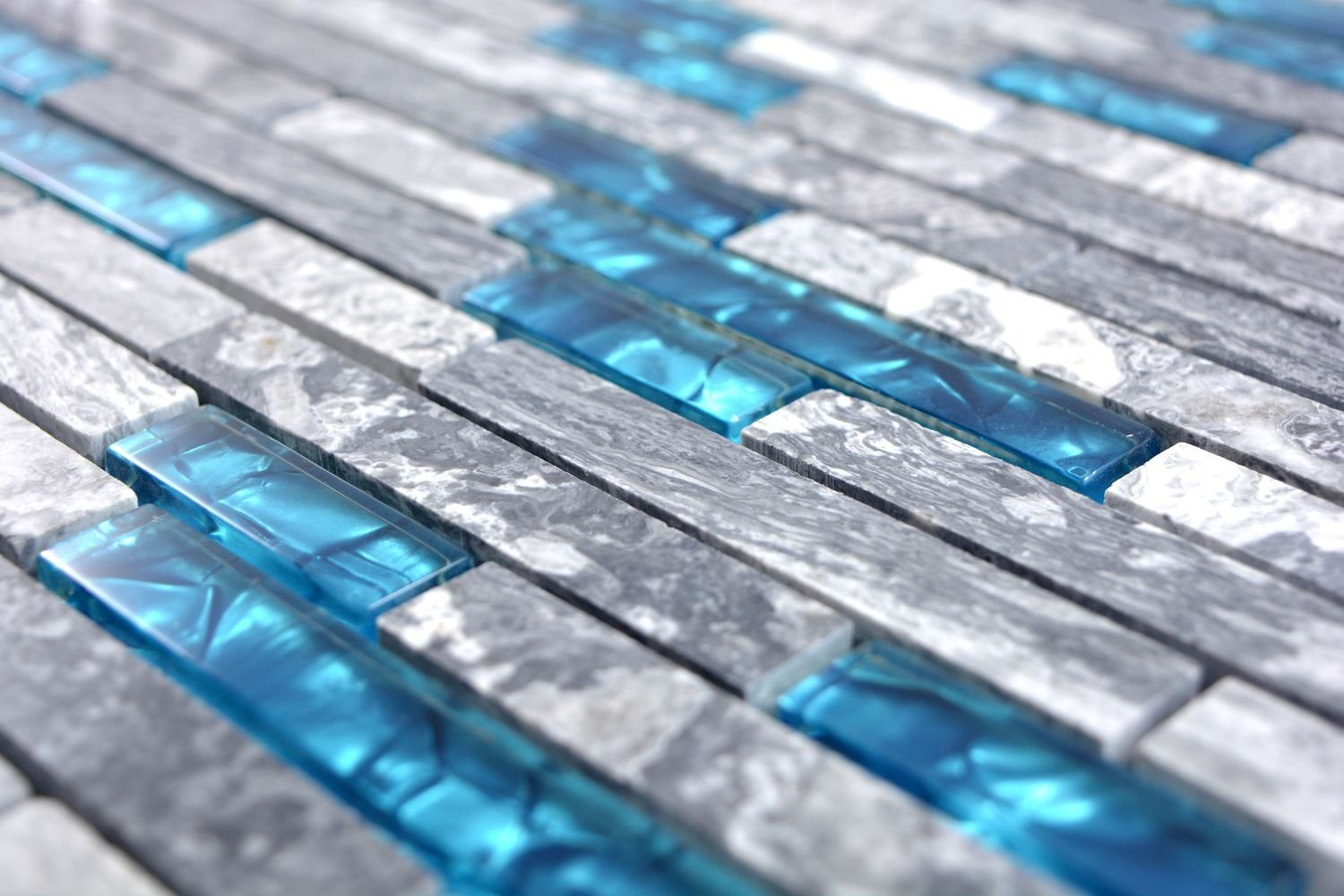 Mosani Wandfliese 0,87m² Marmor 10-teillig, Blau, Fliesen Glasmosik Mosaikfliesen Naturstein Grau Set, Dekorative Wandverkleidung