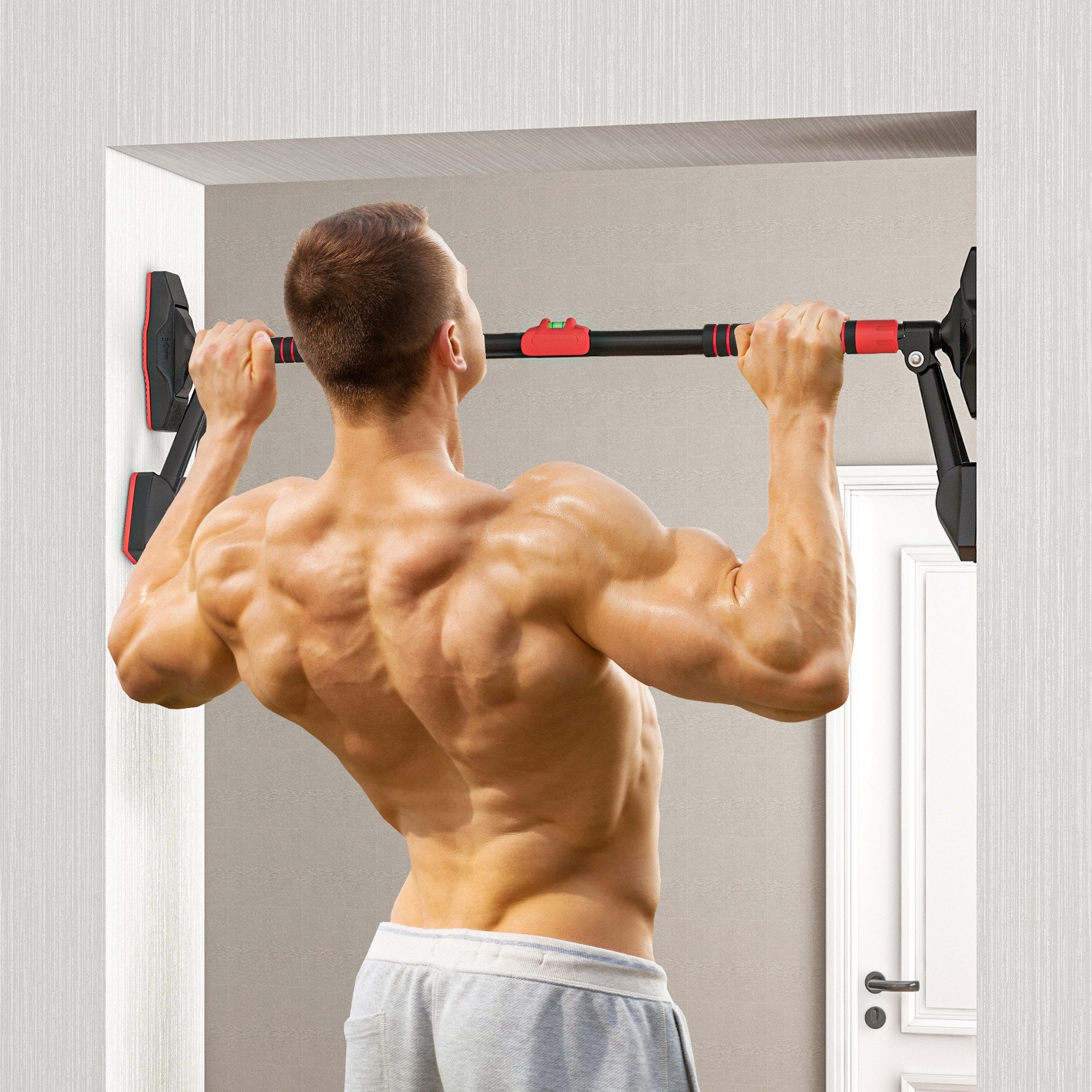 SPORTNOW Klimmzugstange verstellbar, mit Pegelmessgerät, für Türrahmen, mit Dreiecksstütze (Klimmzüge, 1-tlg., Klimmzugmaschine), 110cm x 14cm x 28cm, Schwarz+Rot