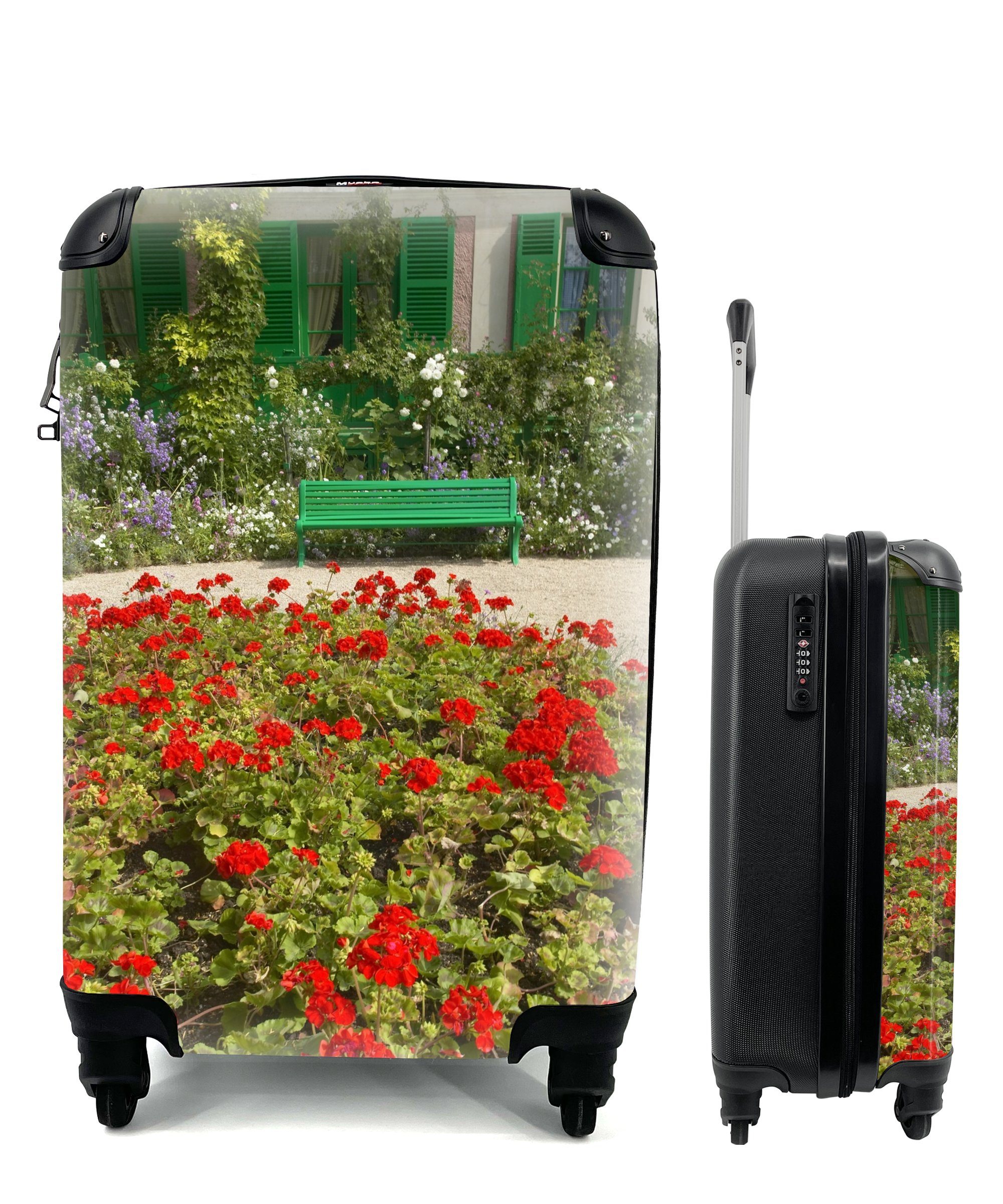 MuchoWow Handgepäckkoffer Bank mit Blumen im französischen Garten von Monet in Europa, 4 Rollen, Reisetasche mit rollen, Handgepäck für Ferien, Trolley, Reisekoffer
