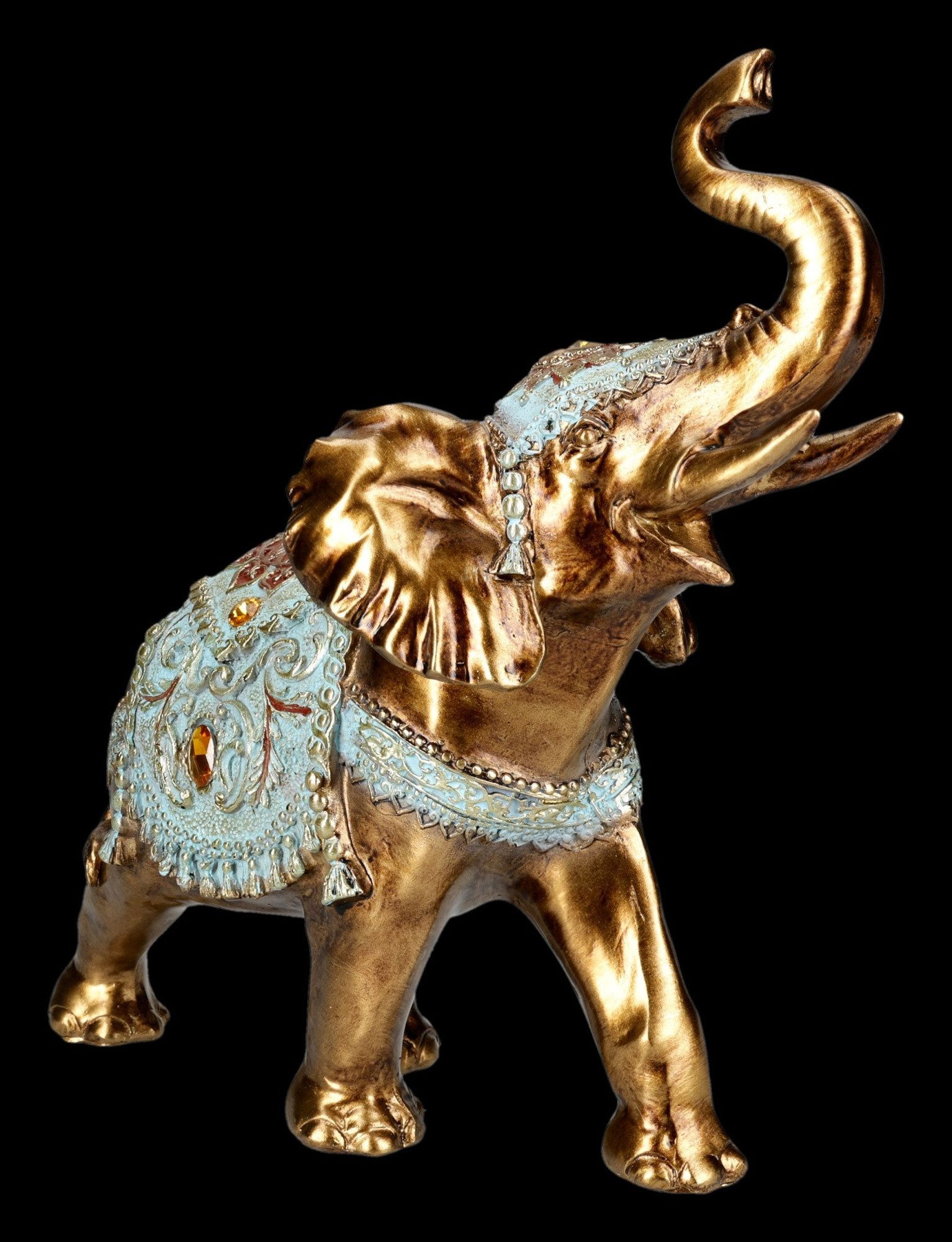 Figuren Shop GmbH Dekofigur Glückselefant Figur – Gold Dekofigur Statue mit Schmucksteinen 23 cm