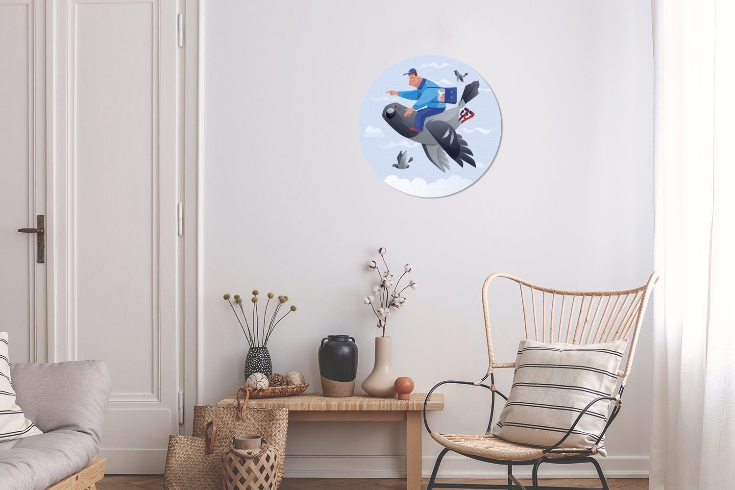 Wandbild, Gemälde Postboten Forex, Illustration Wohnzimmer, eines fliegenden MuchoWow cm einer St), Taube, 30x30 Rundes (1 Wanddekoration Kreis auf